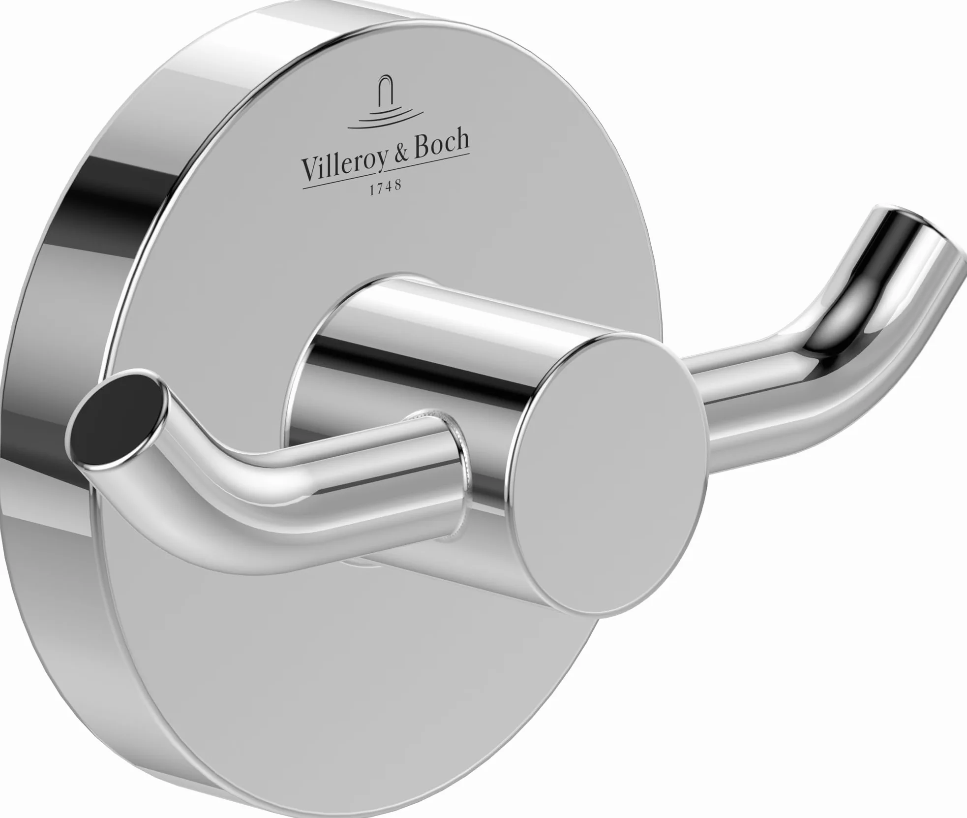Villeroy & Boch Elements Tender podwójny wieszak na ręczniki, wieszak na ręczniki do montażu na ścianie, hak ścienny z cynku, akcesoria łazienkowe, okrągły, 76 x 32 x 54 mm – chrom