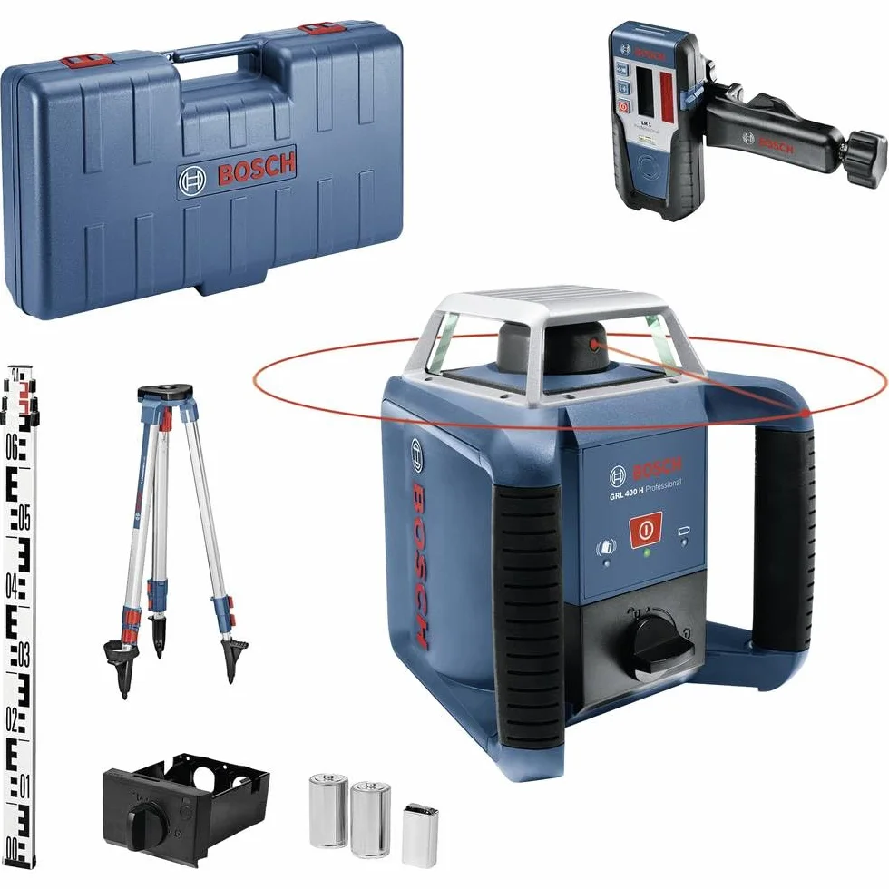 Bosch Professional Laser obrotowy GRL 400 H (jeden przycisk obsługowy, odbiornik LR 1, łata miernicza GR 2400, statyw budowlany BT 152, zasięg pracy: do 400 m (średnica), walizka)