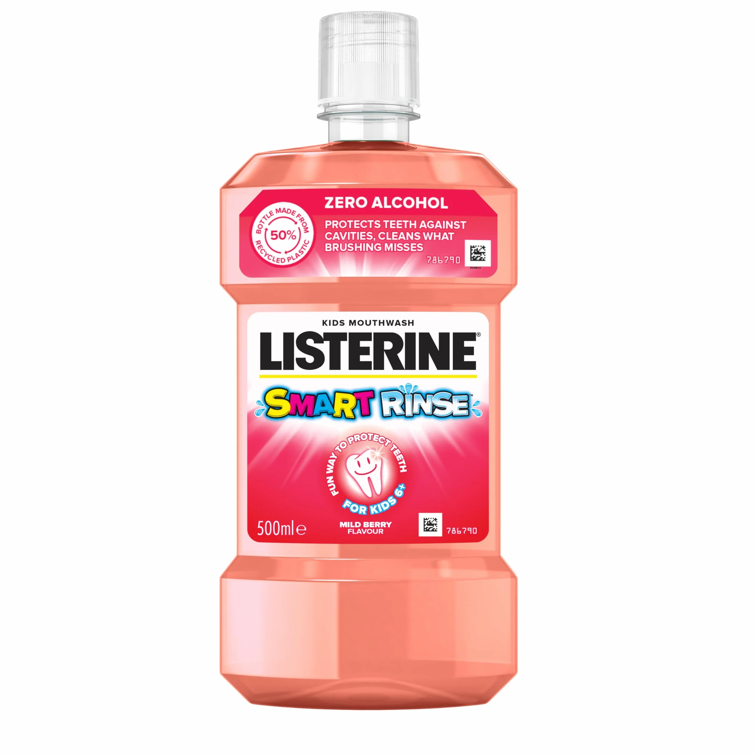 LISTERINE Smart Rinse Berry 500 ml, Płyn do płukania jamy ustnej dla dzieci o łagodnym, owocowym smaku bez alkoholu i cukru, Chroni przed próchnicą, Odpowiedni dla dzieci od 6 roku życia