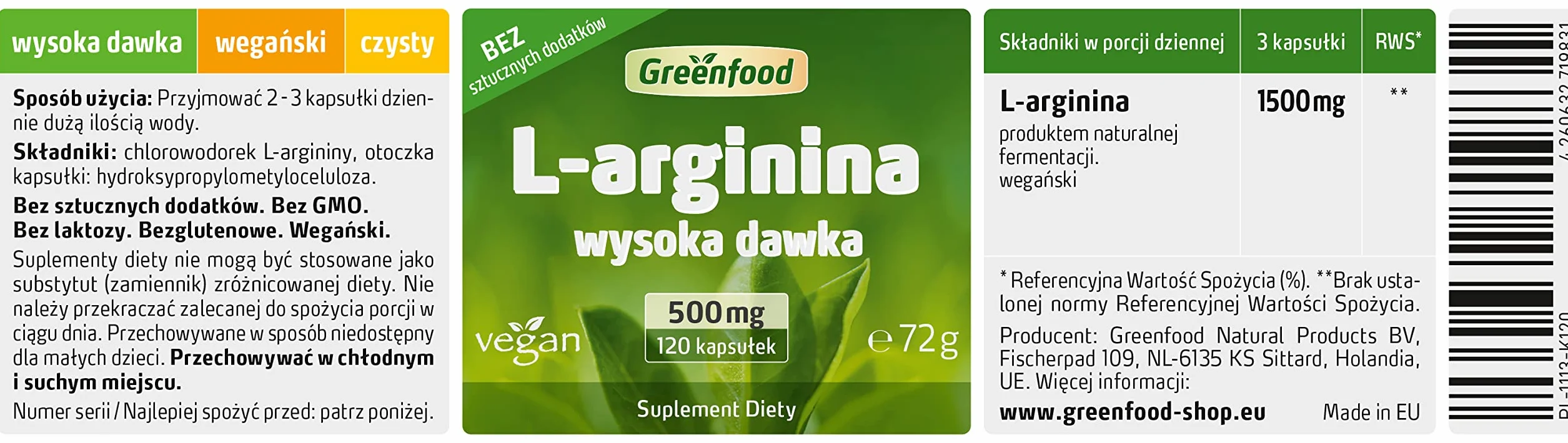 Greenfood L-arginina czysta 500 mg 120 kapsułek wegańska wysokodawkowa