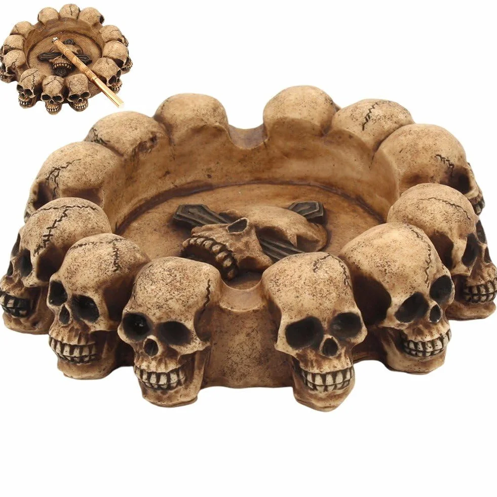 Hrippy Gotycka popielniczka w kształcie czaszki wielogłowicowa, kształt czaszki, dekoracyjna popielniczka na stół na Halloween, dekoracja domu, na imprezę