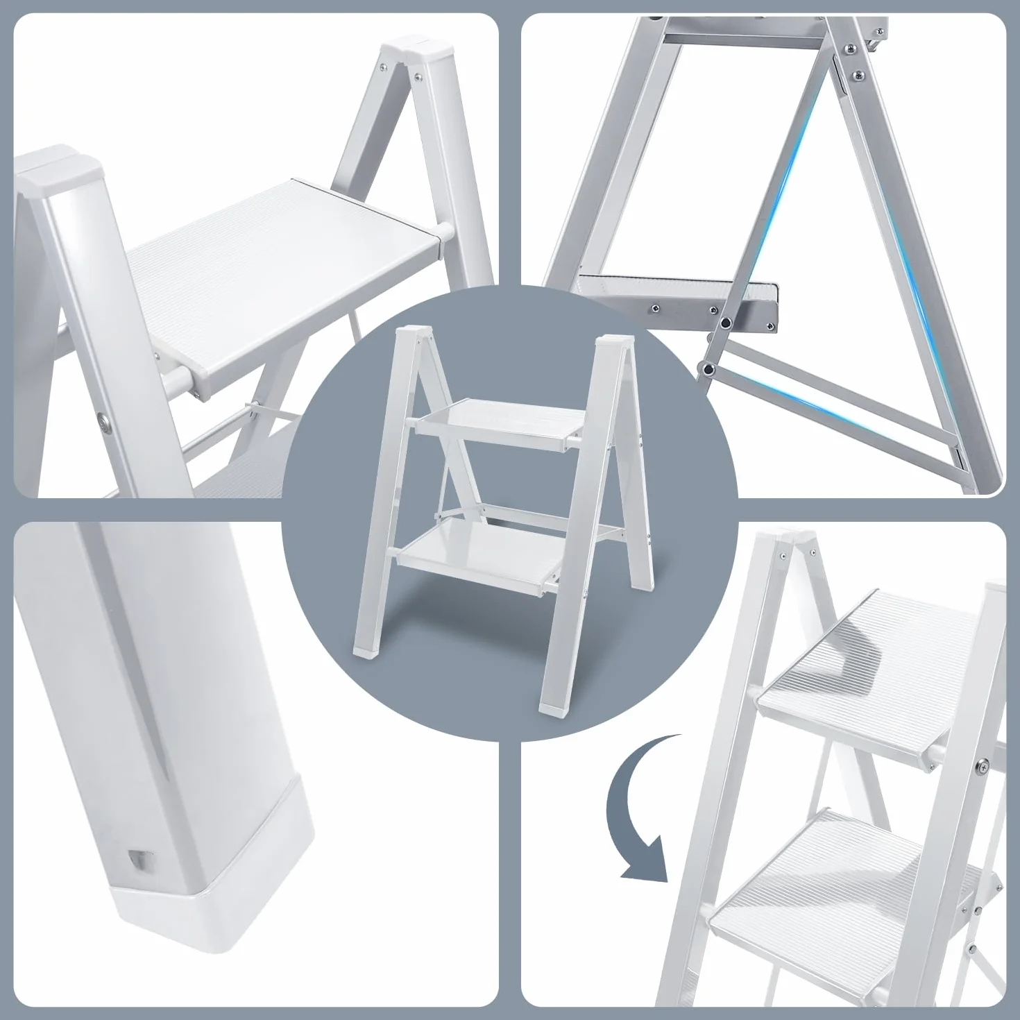 Eulenke Aluminiowa drabina składana, 4 stopnie, lekka, aluminiowa drabina schodowa, 4 stopnie, składana, antypoślizgowa drabina z zabezpieczeniem przed składaniem, składana drabina do domu, kuchni,