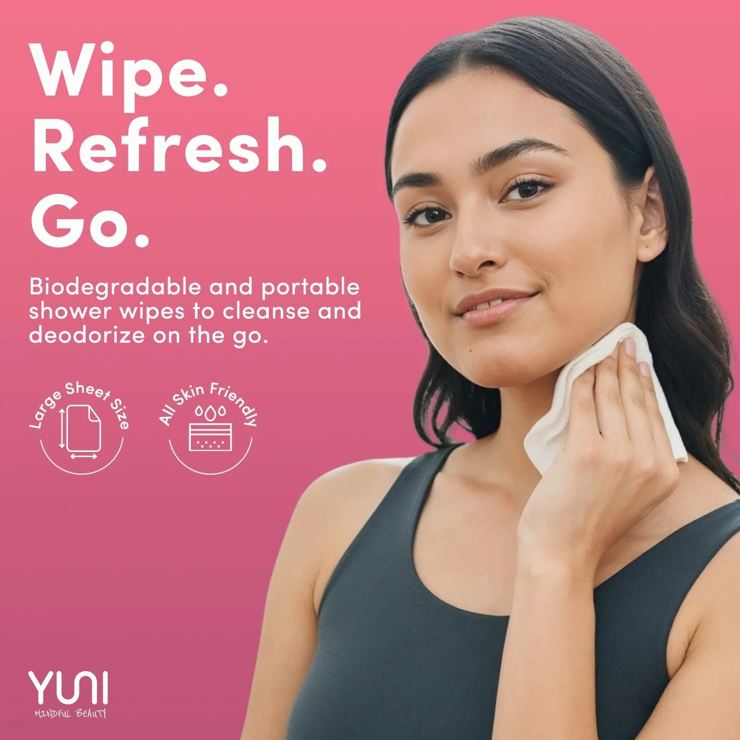 YUNI Beauty Shower Sheets Large Body Wipes, Cucumber Rose, 12 Count