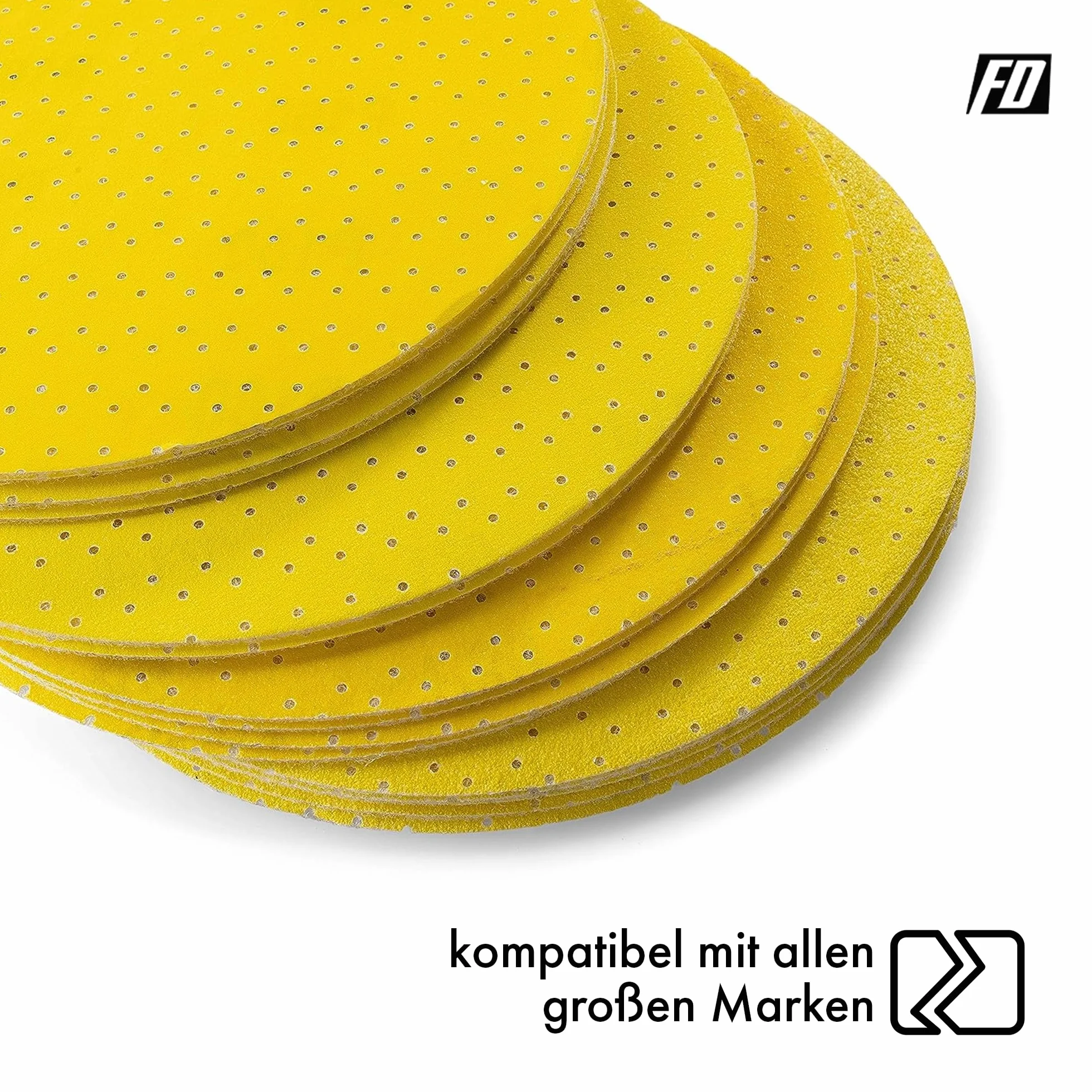 Profesjonalne tarcze szlifierskie │ żółte │ 25 sztuk │ Ø 225 mm │ po 5 x ziarnistość 60/80/120/180/220 │ do szlifierek z długą szyją │ samoprzylepne │ arkusze szlifierskie │ talerze szlifierskie │ marki FD-Workstuff