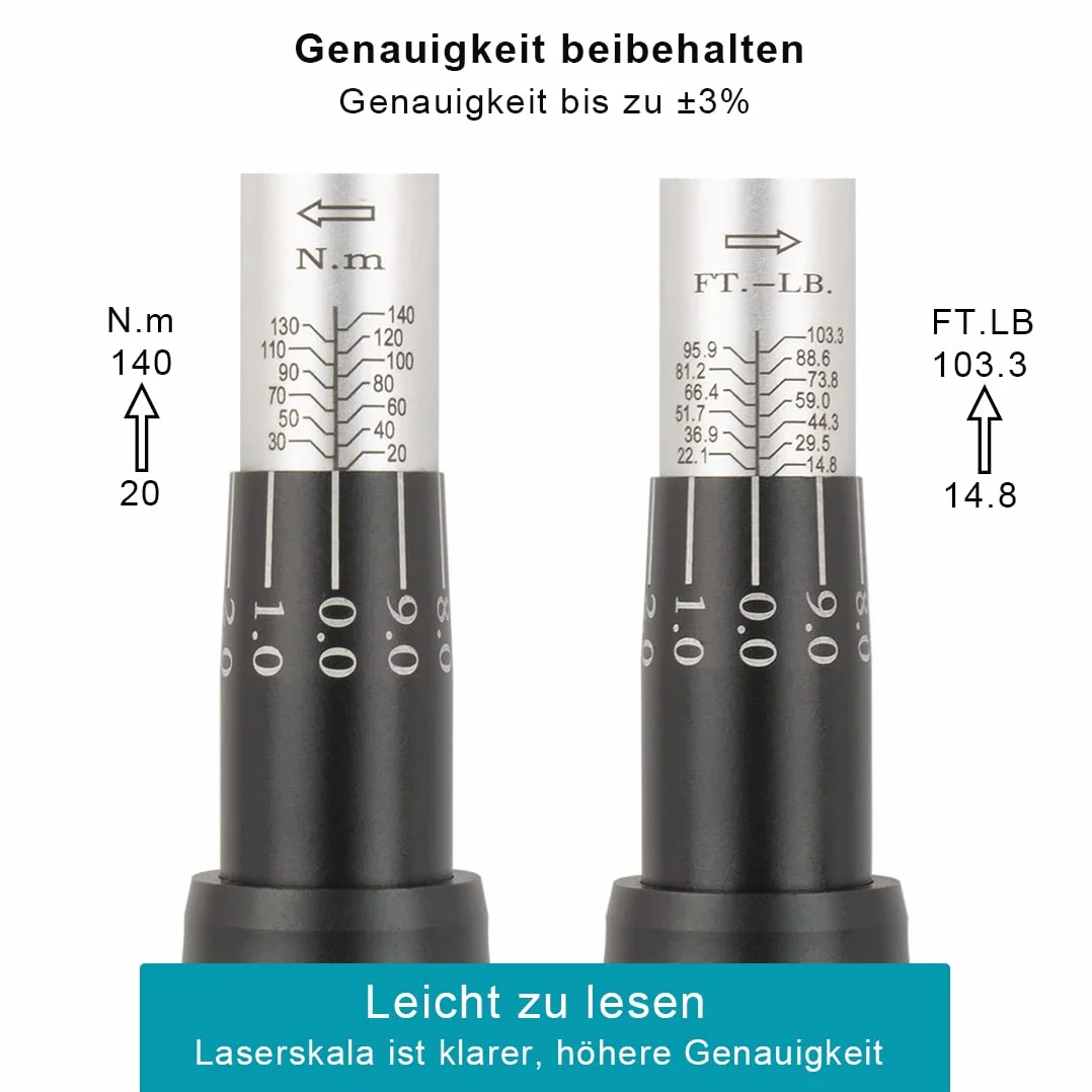 Awang Klucz dynamometryczny 3/8", 20-140 Nm do samochodu, motocykla, roweru, dokładność błędu ±3%, 72 zęby