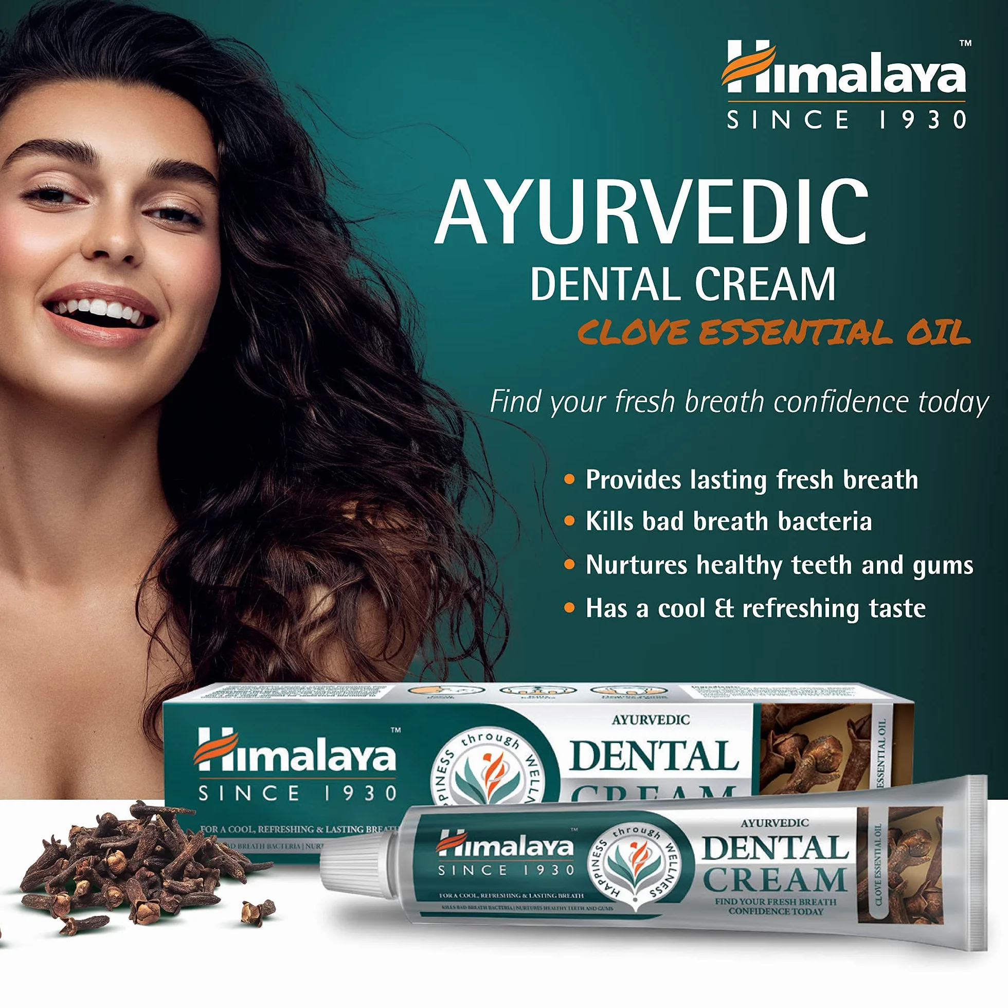 Himalaya Dental Cream Ajurwedyjska Pasta do Zębów z Olejkiem z Goździków, Zapobiega Nieświeżemu Oddechowi, Sprawia, że Zęby i Dziąsła są Zdrowe, Wegańska Pasta Do Zębów Bez Fluoru, 100g