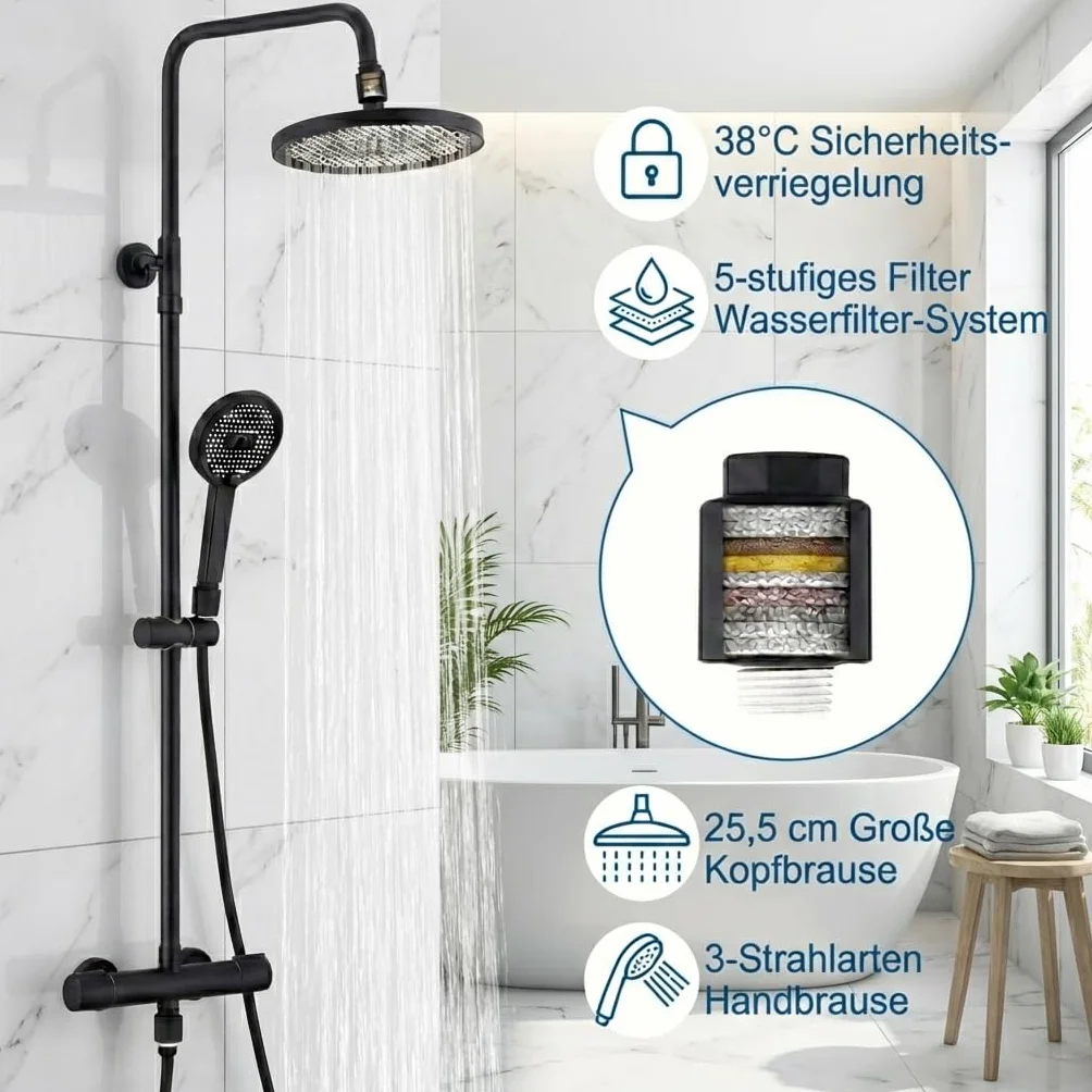 HOMELODY System prysznicowy z termostatem, czarna, kompletny zestaw z filtrem, 25 cm, deszczownica i słuchawka prysznicowa, 3 rodzaje strumienia, słuchawka prysznicowa, zestaw prysznicowy do łazienki
