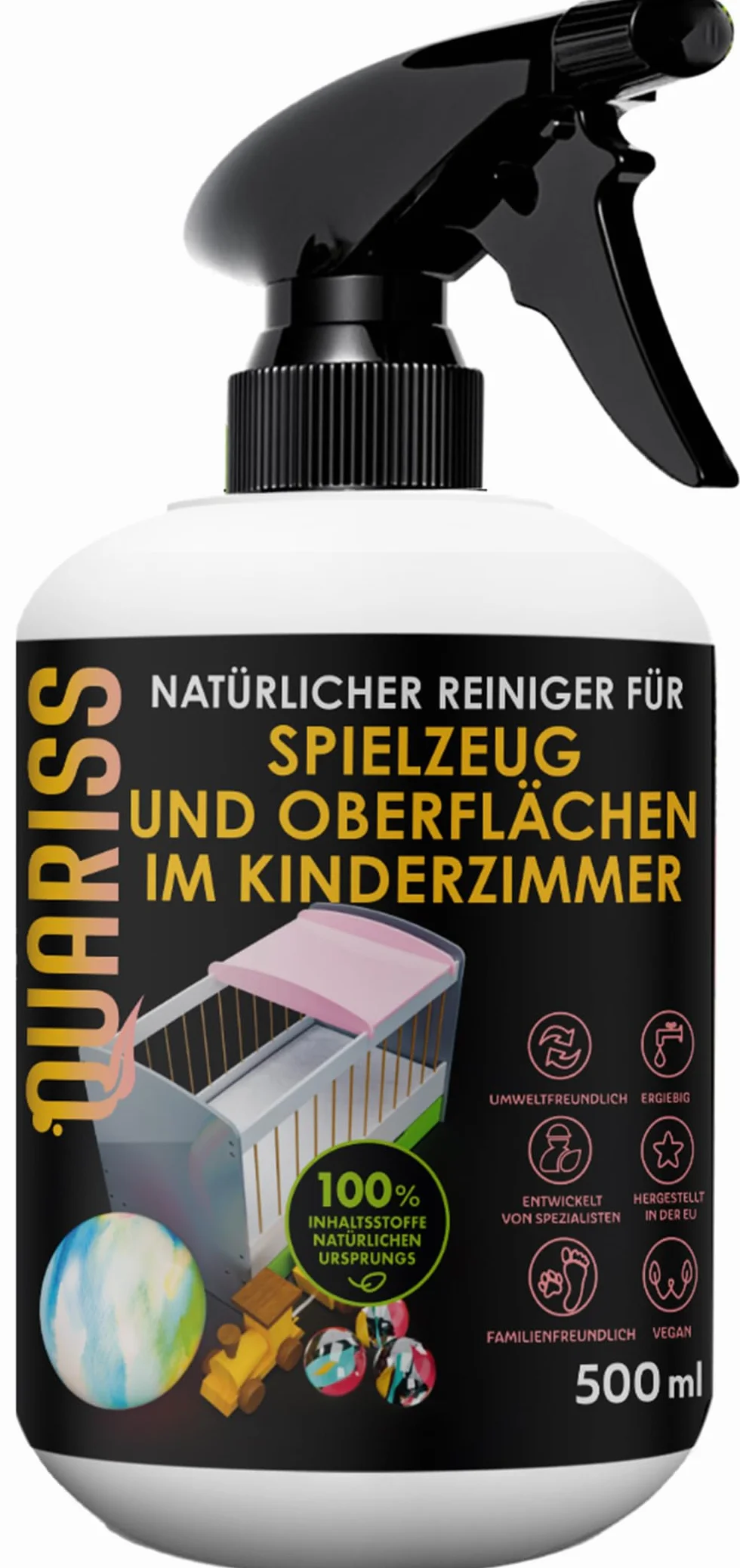 Naturalny środek czyszczący do zabawek i powierzchni w pokoju dziecięcym - spray higieniczny dla małych dzieci i niemowląt, mata, krzesło, stół, wegański, bez alergenów 500 ml