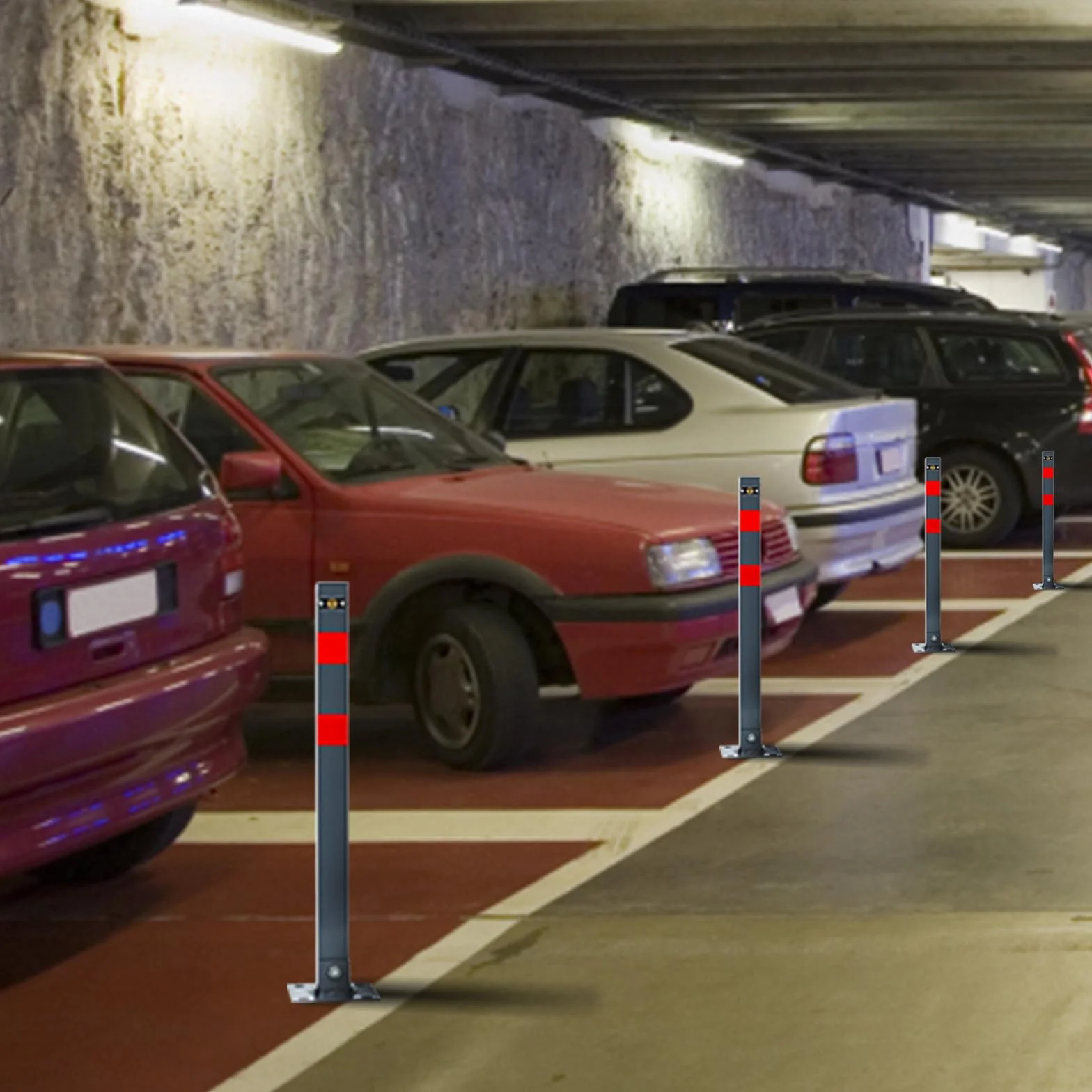 Blokada miejsca parkingowego, składana, ręcznie wykonana z 3 kluczy i 4 śrub rozporowych, wytrzymałe stalowe słupki parkingowe z paskami odblaskowymi