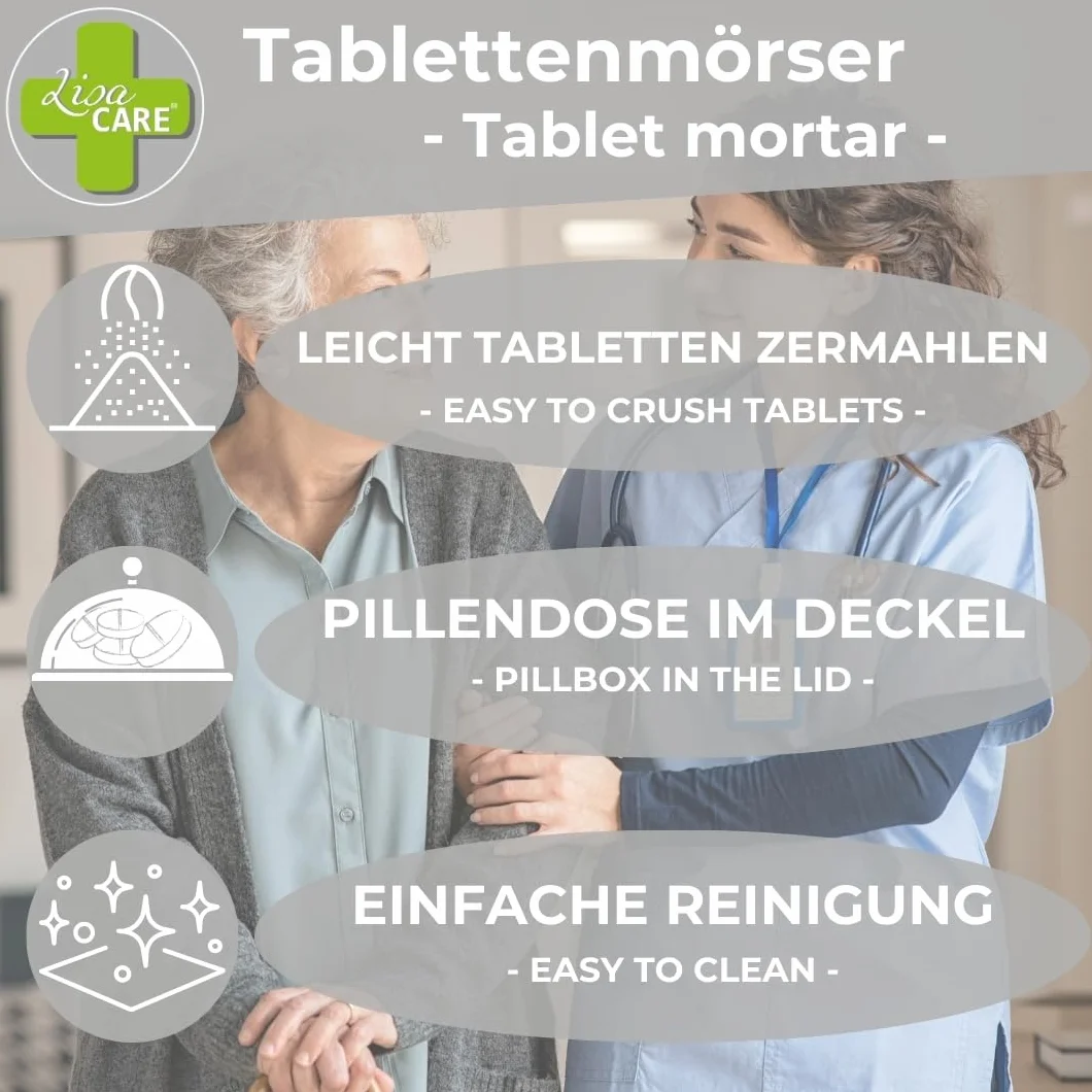 LisaCare Kruszarka do tabletek – pudełko z pokrywą, moździerz lekarski