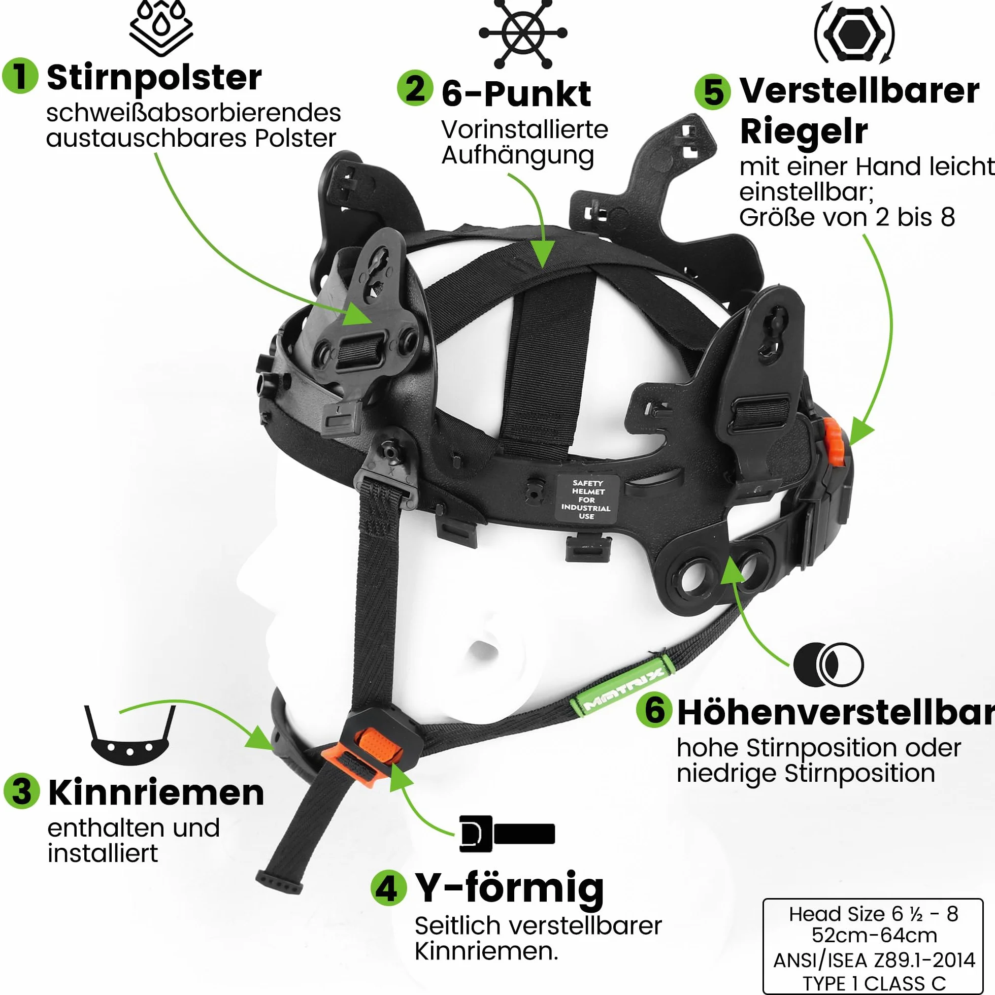 GREEN DEVIL Matrix Full Brim kask ochronny EN 397 – kask ochronny z wentylacją, latarka czołowa LED (IPX5), system 6-punktowy i regulowana wyściółka wewnętrzna – idealny do budownictwa, przemysłu,
