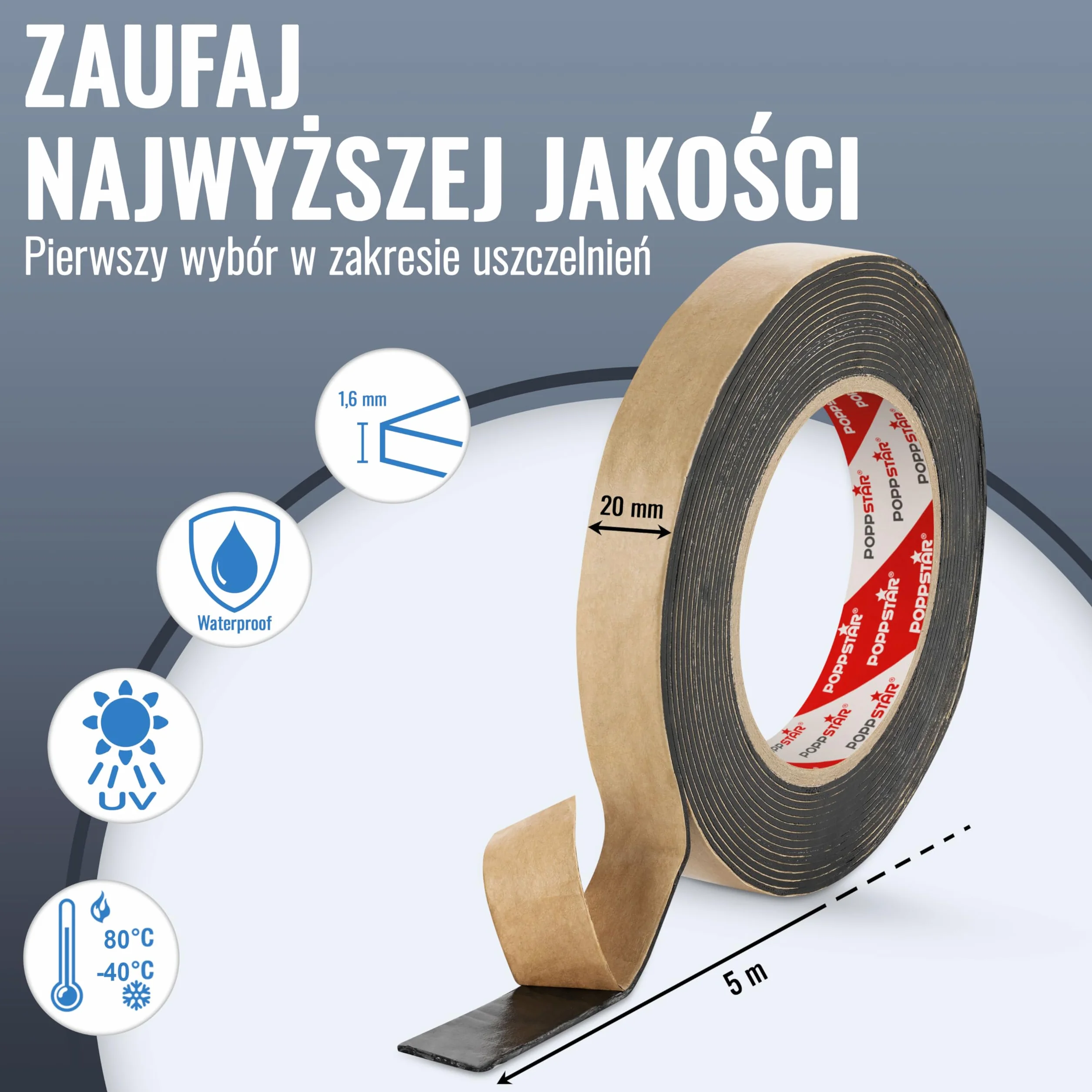 Poppstar dwustronna taśma klejąca butylowa (5m x 20mm x 1,6mm), taśma uszczelniająca, samoprzylepna, czarna