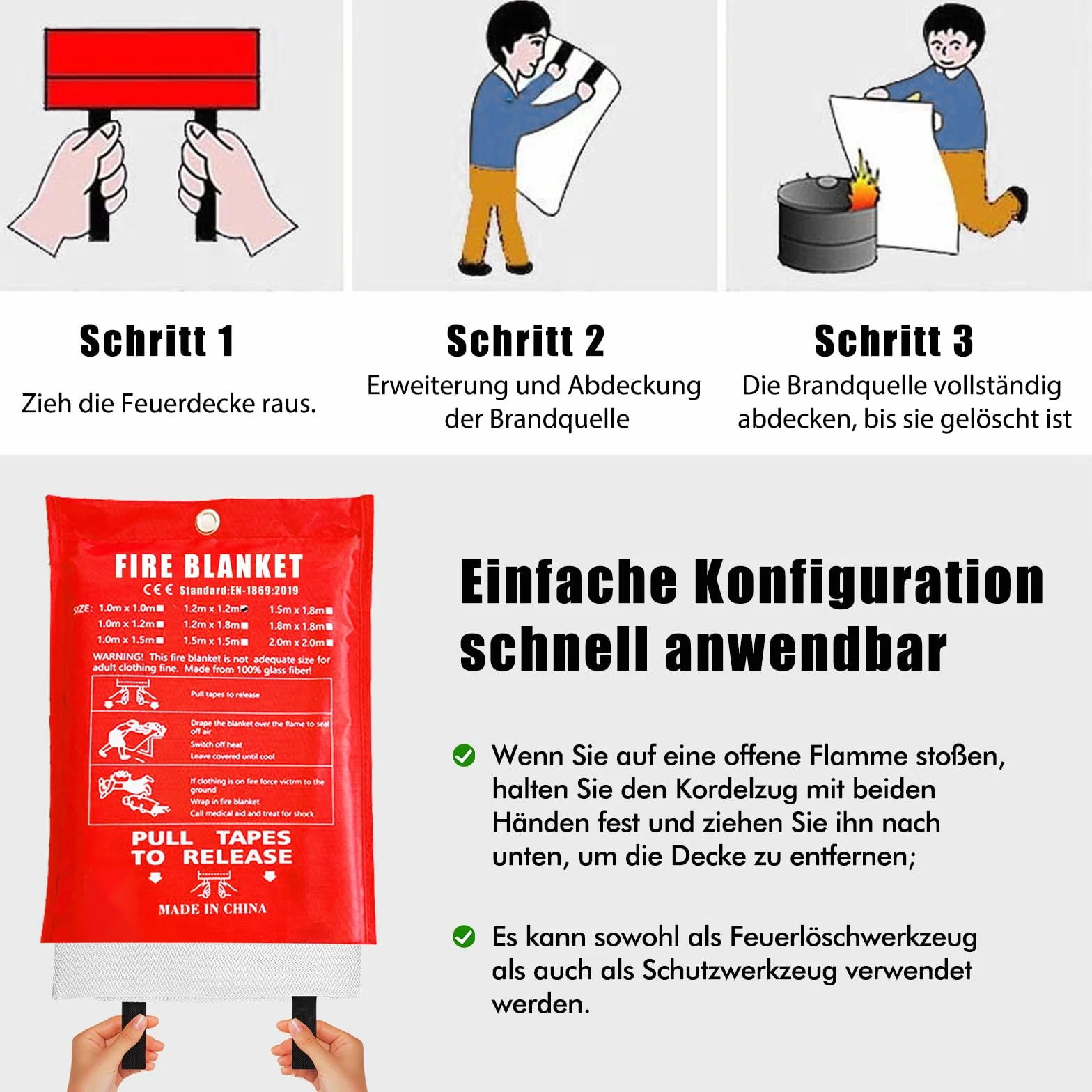 Koc gaśniczy do kuchni – 2 sztuki, koc ognioodporny, włókno szklane, DIN EN 1869:2019, do zastosowania w kuchni, kominku, grillu, na kemping, do samochodu, pierwszej pomocy, 120 x 120 cm