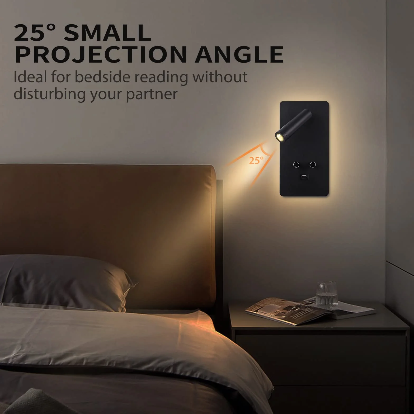 M04 Ścienna lampa do czytania z regulacją jasności (0,9-3,7W) - LED z podświetleniem 1,2-6W, port USB, do montażu na wtyczkę lub stałe podłączenie，Czarny