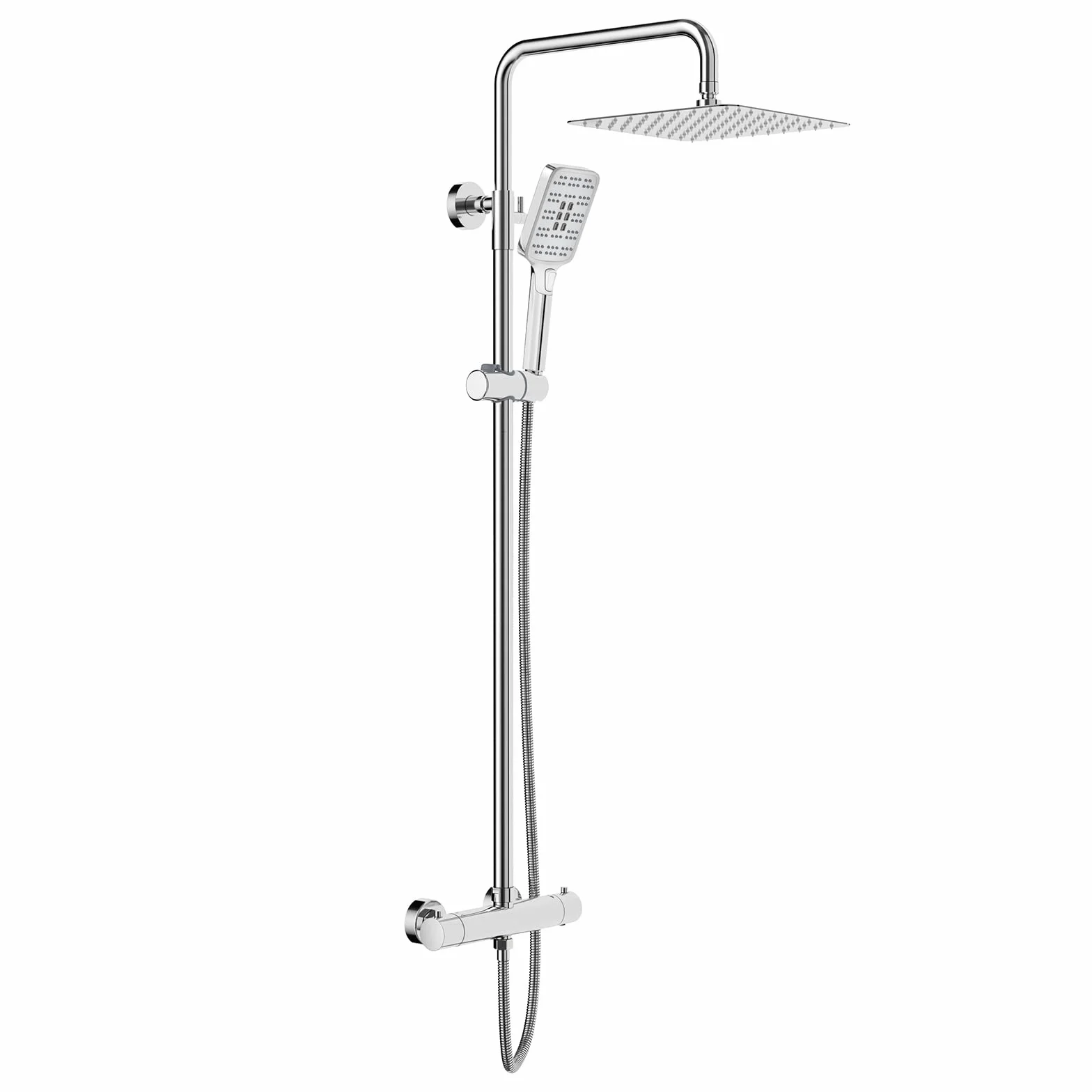 Rainsworth System prysznicowy z termostatem, chromowany, 25 x 25 cm, kwadratowa deszczownica ze stali nierdzewnej, armatura prysznicowa, deszczownica z armaturą, 3 rodzaje strumienia, drążek