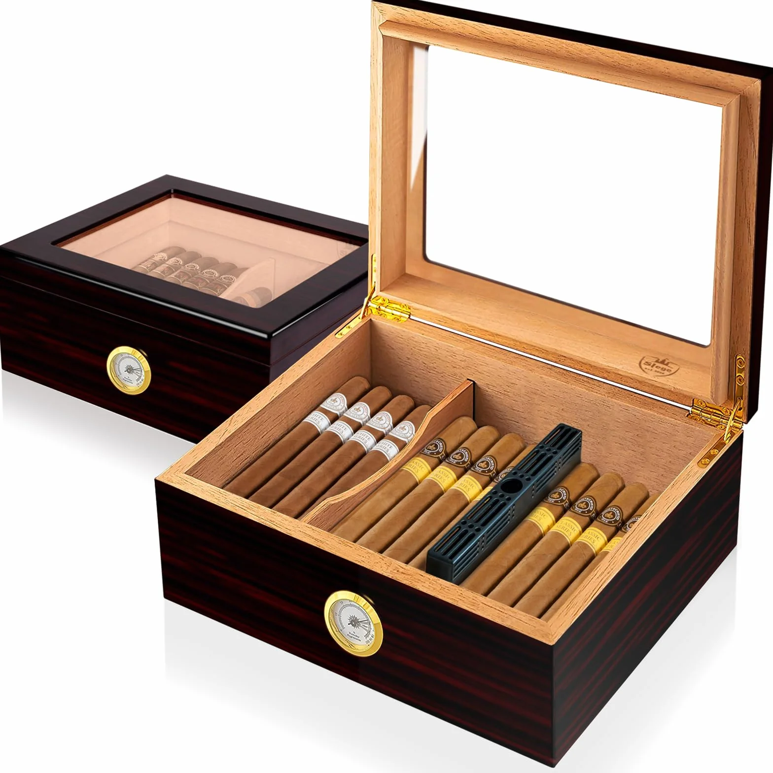 Humidor do Cygar Ręcznie Wykonany Hiszpania rdzeń cedrowy Nawilżacz Rozdzielacz Higrometr Czarny 30-50 cygar