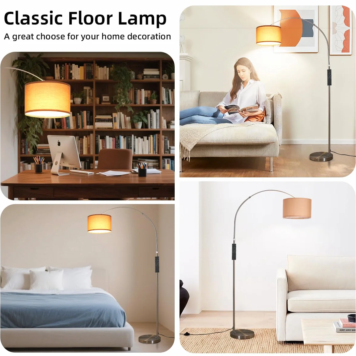 ANTENLICHT AURA Lampa łukowa z pilotem, czarna | Lampa podłogowa do salonu z regulacją jasności | W zestawie: żarówka LED E27 | Brązowy abażur z tkaniny 33 cm | Przełącznik nożny