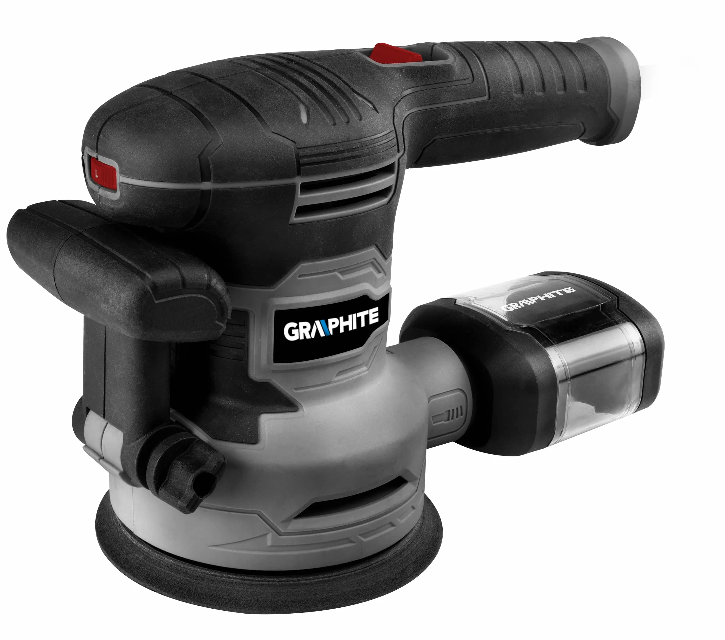 GRAPHITE Szlifierka mimośrodowa 450 W, talerz 125/150 mm, podstawa 125/150 mm; odsysanie pyłu; antypoślizgowy uchwyt, obsługa jedną ręką, nasadka do papieru ściernego na rzepy; 1,21 kg; walizka