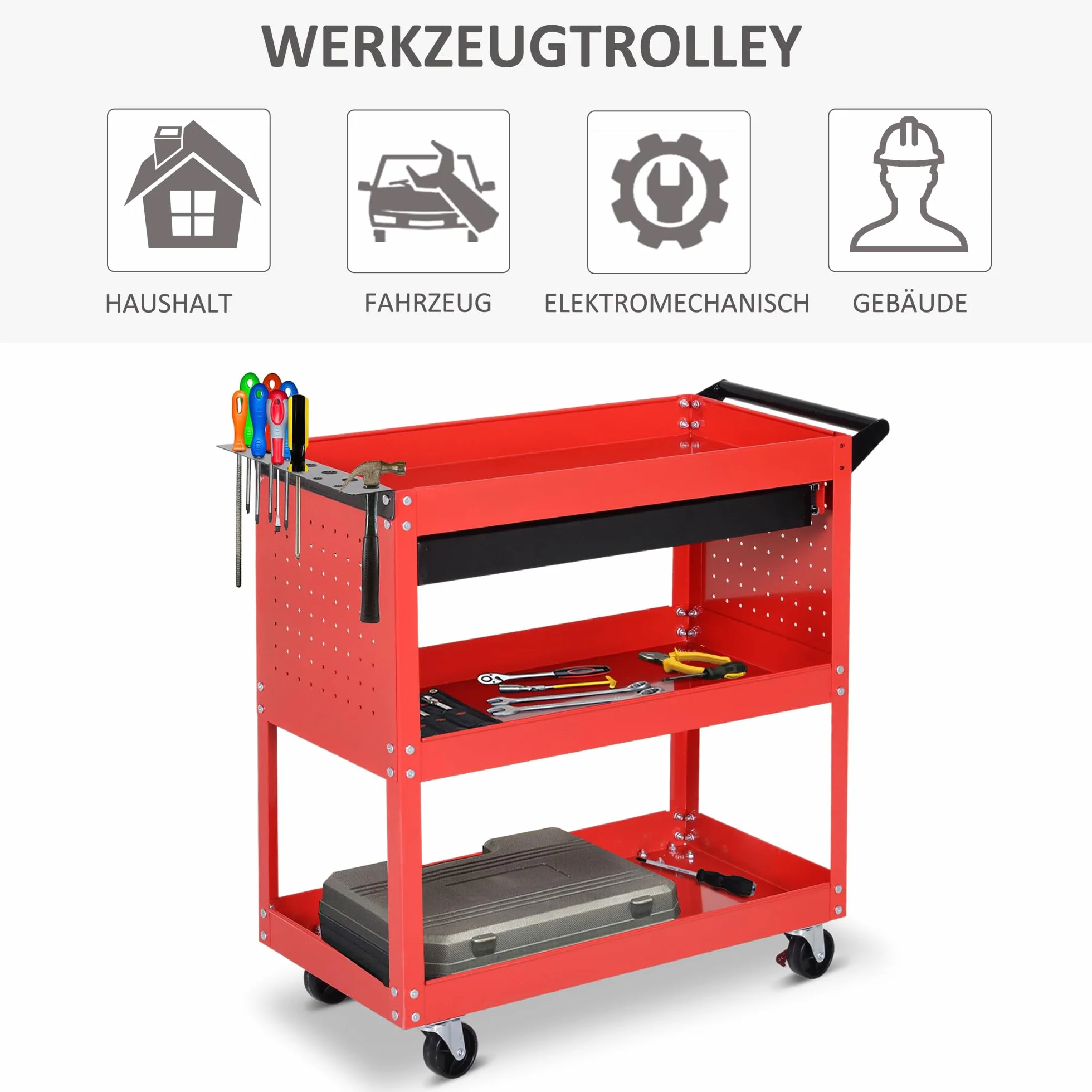 HOMCOM Wózek warsztatowy, wózek narzędziowy z 3 poziomami, wózek transportowy z szufladą, wózek montażowy do garażu, magazynu, maks. obciążenie 60 kg, czerwony