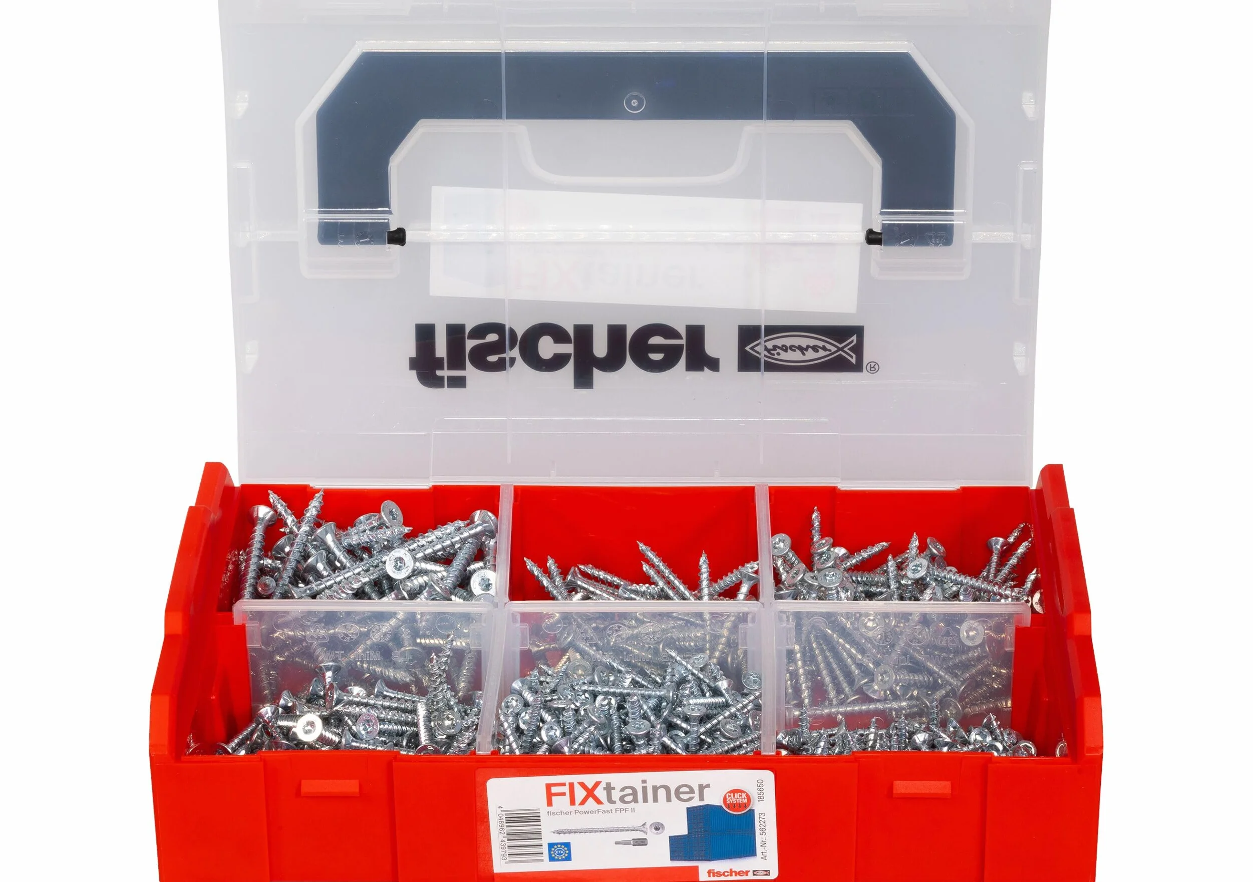 Wkręty do płyt wiórowych fischer FixTainer PowerFast II, wstępnie posortowane pudełko asortymentowe z 700 wkrętami i 2 końcówkami, łeb stożkowy, pełny gwint i napęd TX, uniwersalny zestaw mocujący