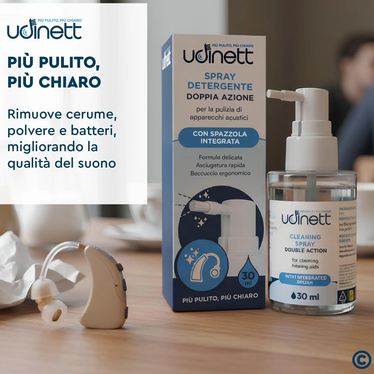 Udinett Spray do Czyszczenia Aparatów Słuchowych 30ml ze Szczoteczką Bezalkoholowy