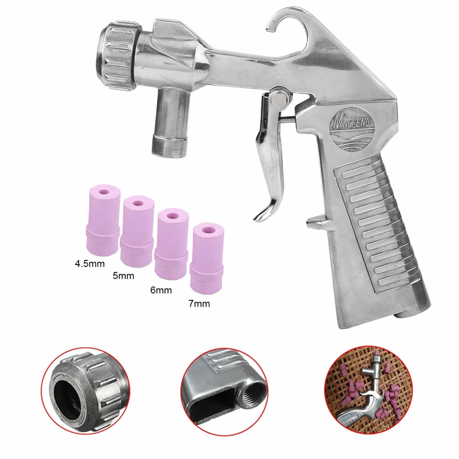 Pistolet do piaskowania, pistolet na sprężone powietrze, z 4 końcówkami ceramicznymi, zestaw do piaskowania