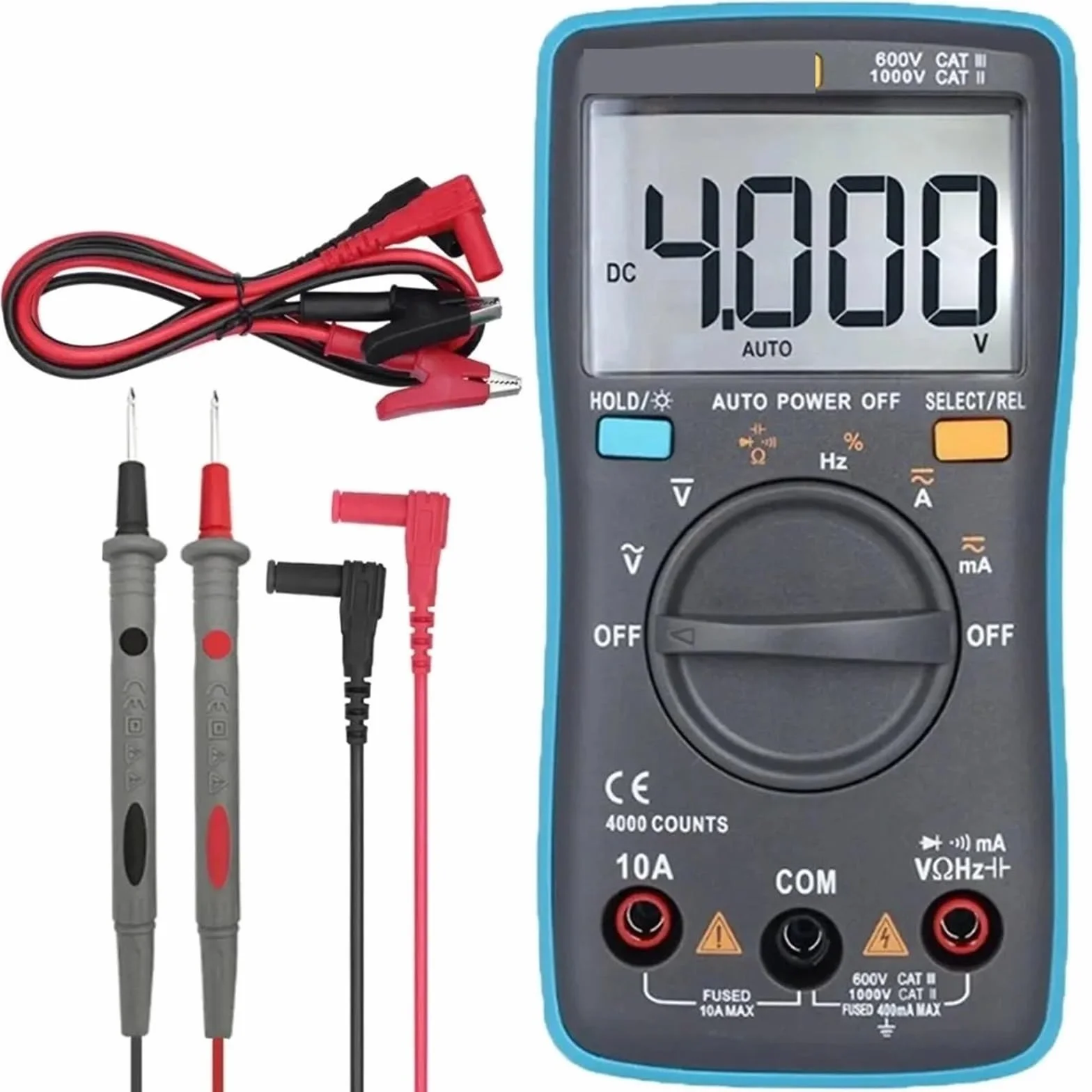 Multimetr cyfrowy, Cyfrowy multimetr 4000 zliczeń DC/AC napięcie prąd pojemność Hz dioda ohm tester amperomierz woltomierz podświetlenie Wszechstronne możliwości pomiarowe