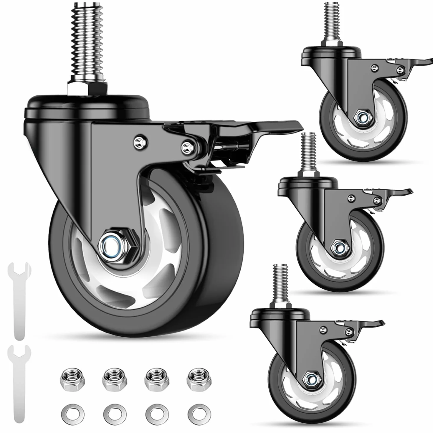 Zestaw 4 kółek 3-calowych, obrotowych, 3/8" -16 x 1 (średnica trzpienia 3/8", długość trzpienia 1"), ciche przemysłowe kółka jezdne do wózków i mebli