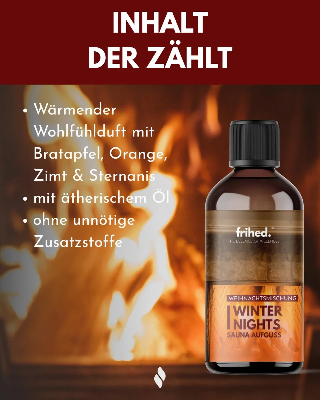 frihed.® Napar do sauny Winter Nights – wysoko skoncentrowany cynamon, anyż gwiazdkowy i olej z pieczonego jabłka – świąteczny i długotrwały zapach – edycja limitowana – szklana butelka 100 ml – Made