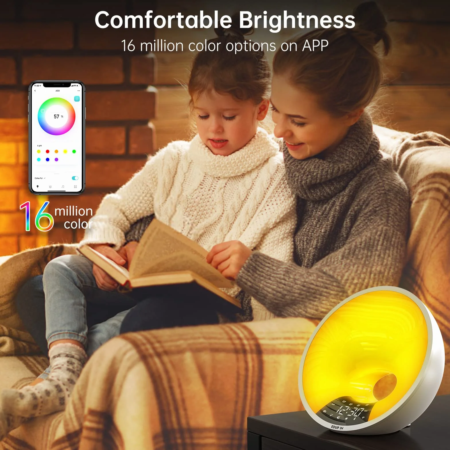 EDUP IN Wake-up Light, Inteligente Oświetlenie, Budzik świetlny smart, łatwe budzenie, symulacja wschodu słońca, głośnik sterowany aplikacją, 4 budziki, drzemka, 16 mln kolorów Lampka nocna