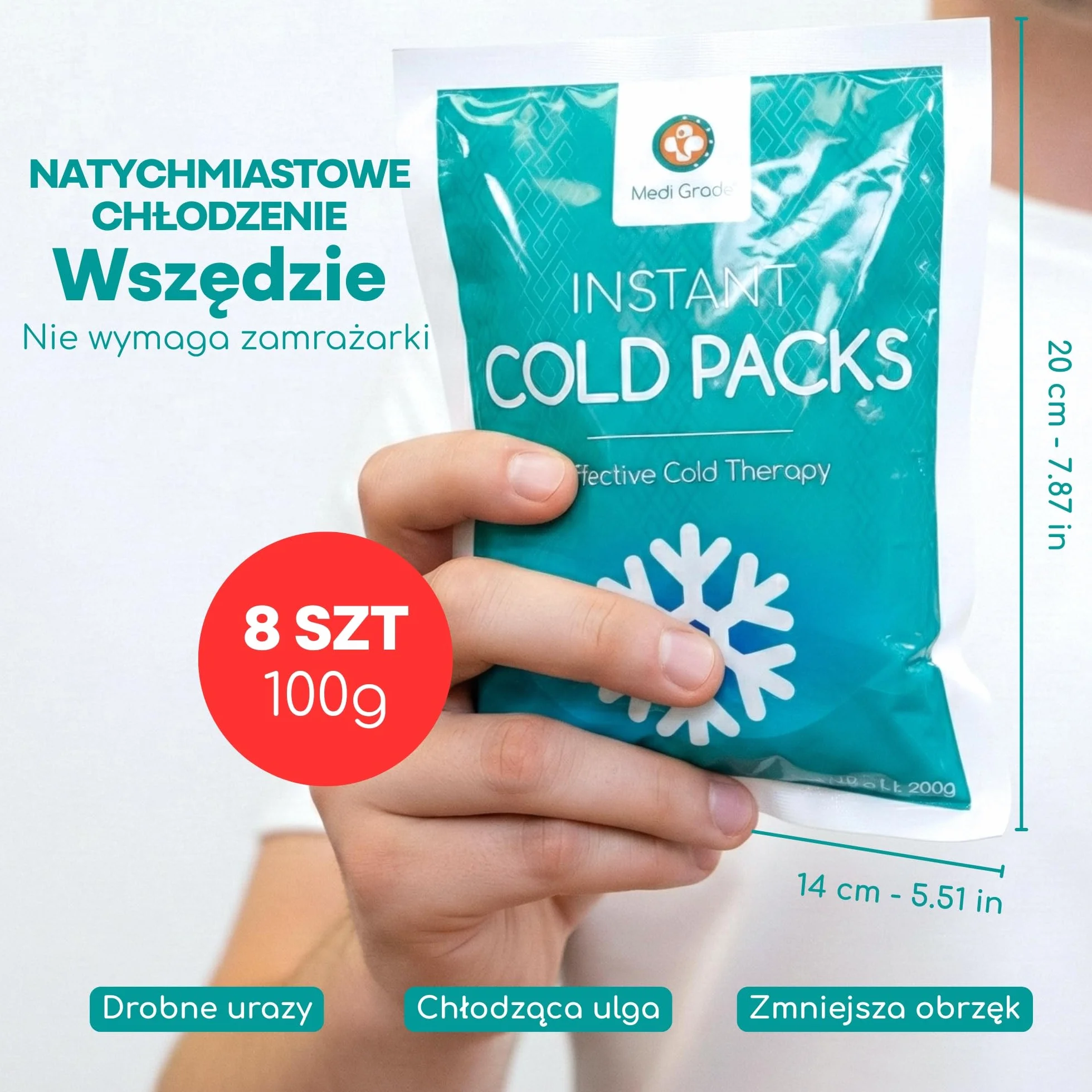 Medi Grade Instant Cold Pack 8 Sztuk 100g 11,43 cm x 15,24 cm Kompres Chłodzący Z Paskiem Stabilizującym