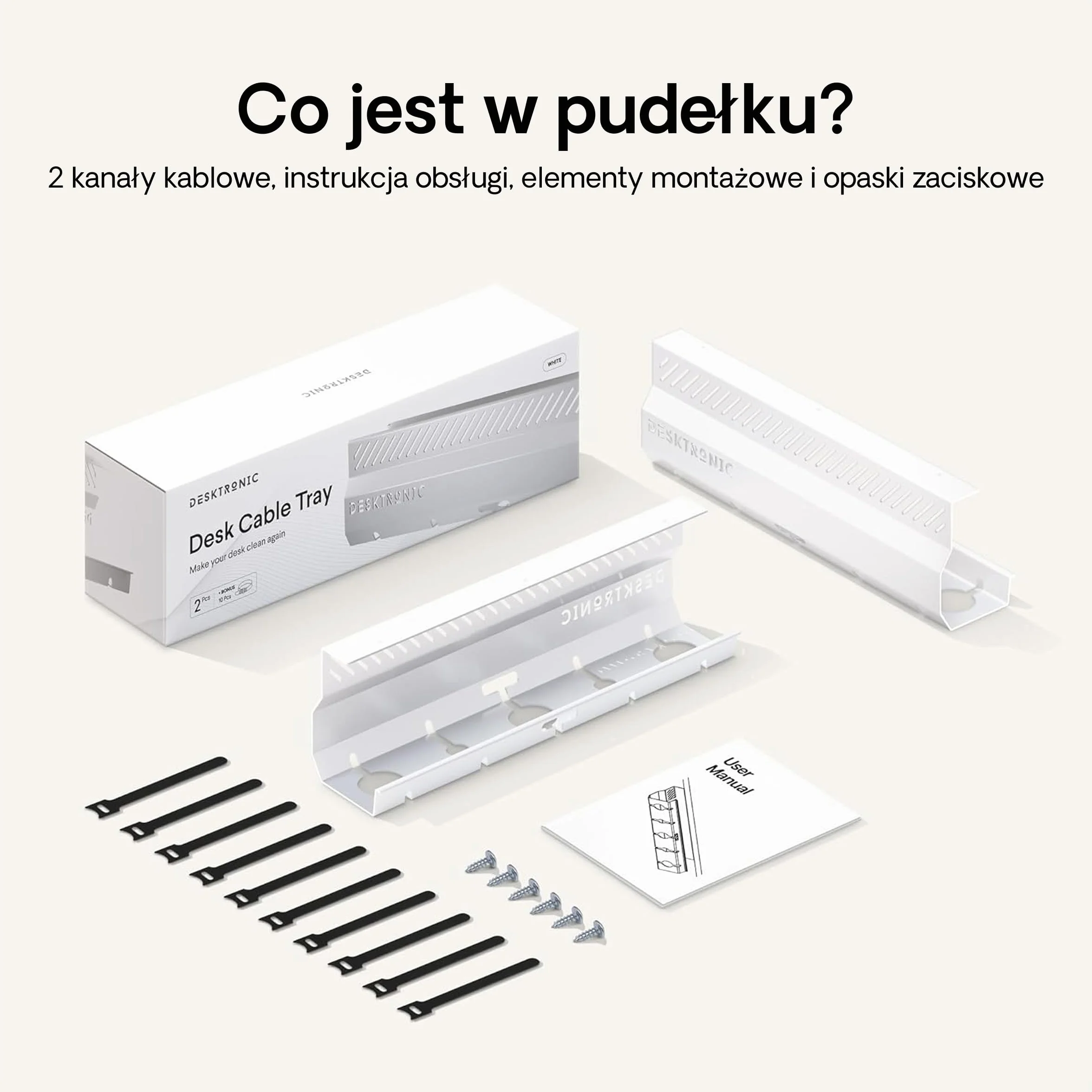 Organizer kablowy, biały, zestaw 2 szt. – stal nierdzewna, do zarządzania kablami, kanał kablowy z 5 otworami na kable – łatwy w montażu organizer – uchwyt na kable Desktronic