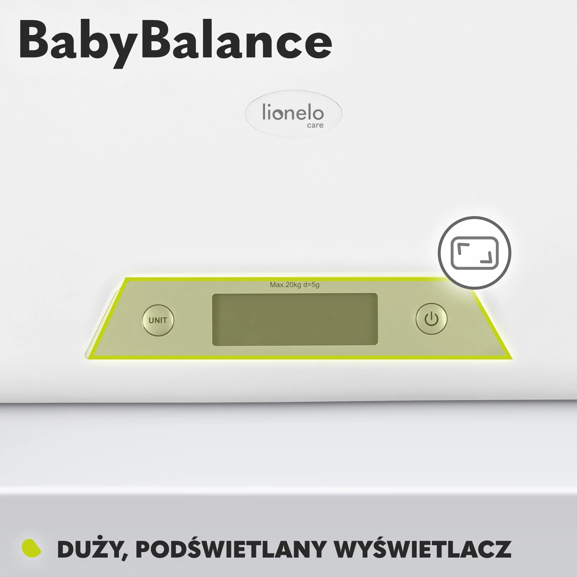 LIONELO BABYBALANCE waga elektroniczna dla niemowląt, waga do 20 kg, duży wyświetlacz, funkcja tarowania, przechowywanie ostatniego pomiaru, precyzyjne ważenie w odstępach co 5 g