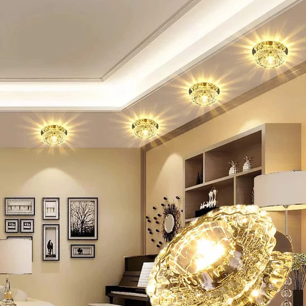 10 sztuk kryształowych lamp sufitowych z przegrodą, 3 W / 5 W okrągłe oświetlenie sufitowe do zabudowy do sypialni, korytarza, ciepłe światło 3 W.