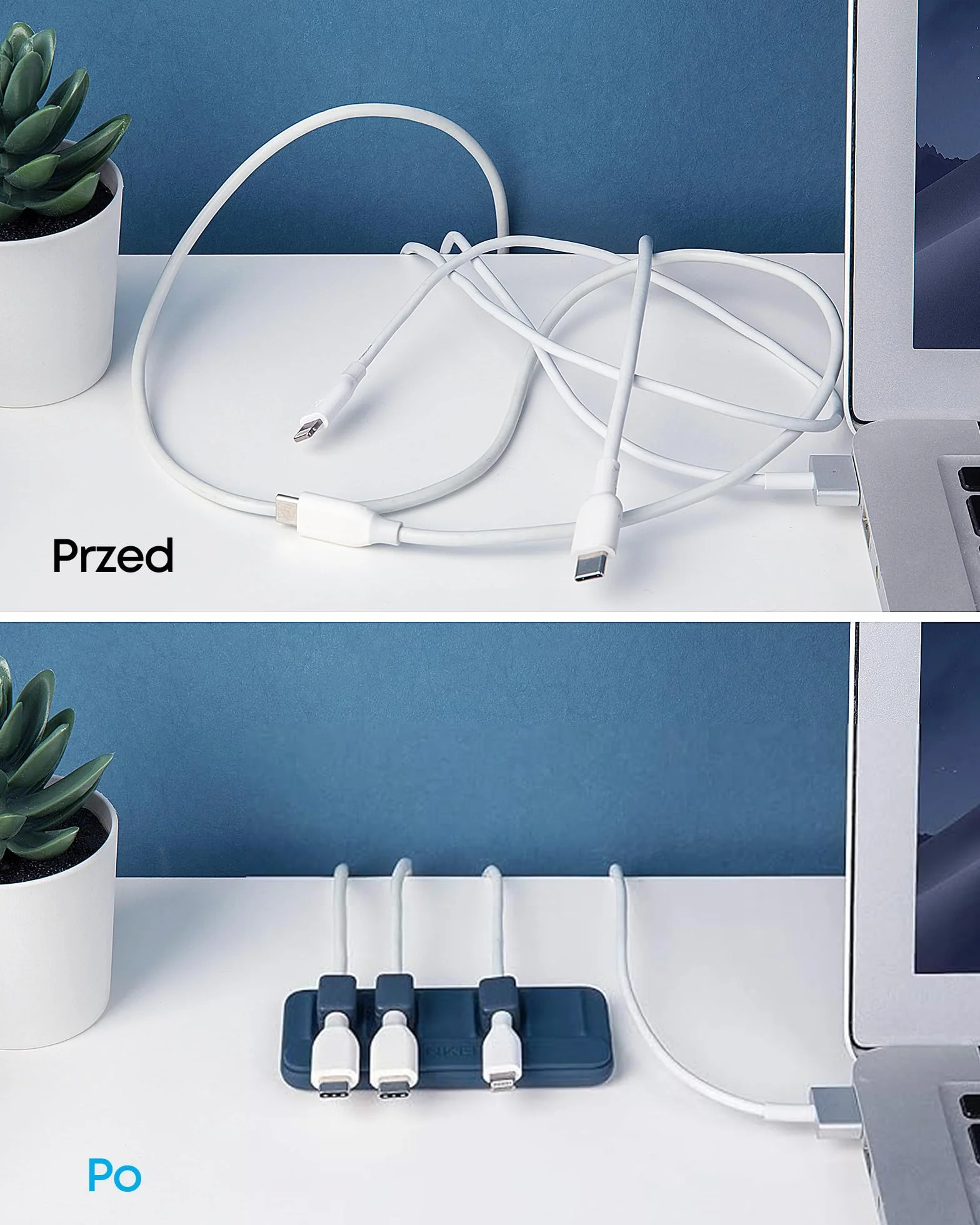 Wielofunkcyjny organizer do kabli Anker – 5 klipsów do kabli Lightning, USB C, Micro i innych kabli – przyczepia się do drewna, marmuru, metalu, szkła (niebieski, zestaw 2 szt.)