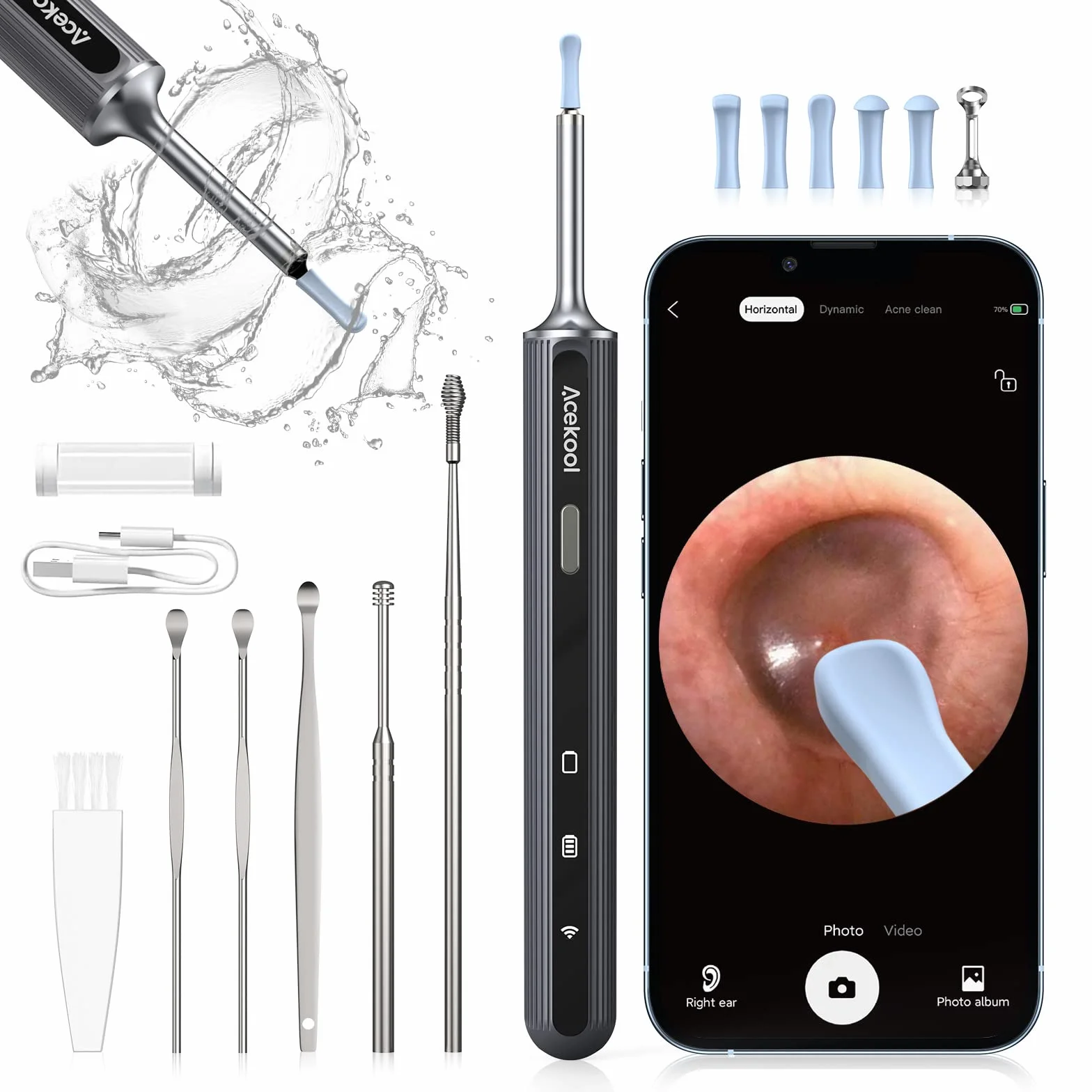 Acekool Wifi urządzenie do usuwania woskowiny usznej, aparat fotograficzny 5 MP HD IP67, ultracienkie, wodoszczelne lusterko do uszu, 3,5 mm, endoskop z 6 diodami LED do iPhone'a, iPada i smartfonów z
