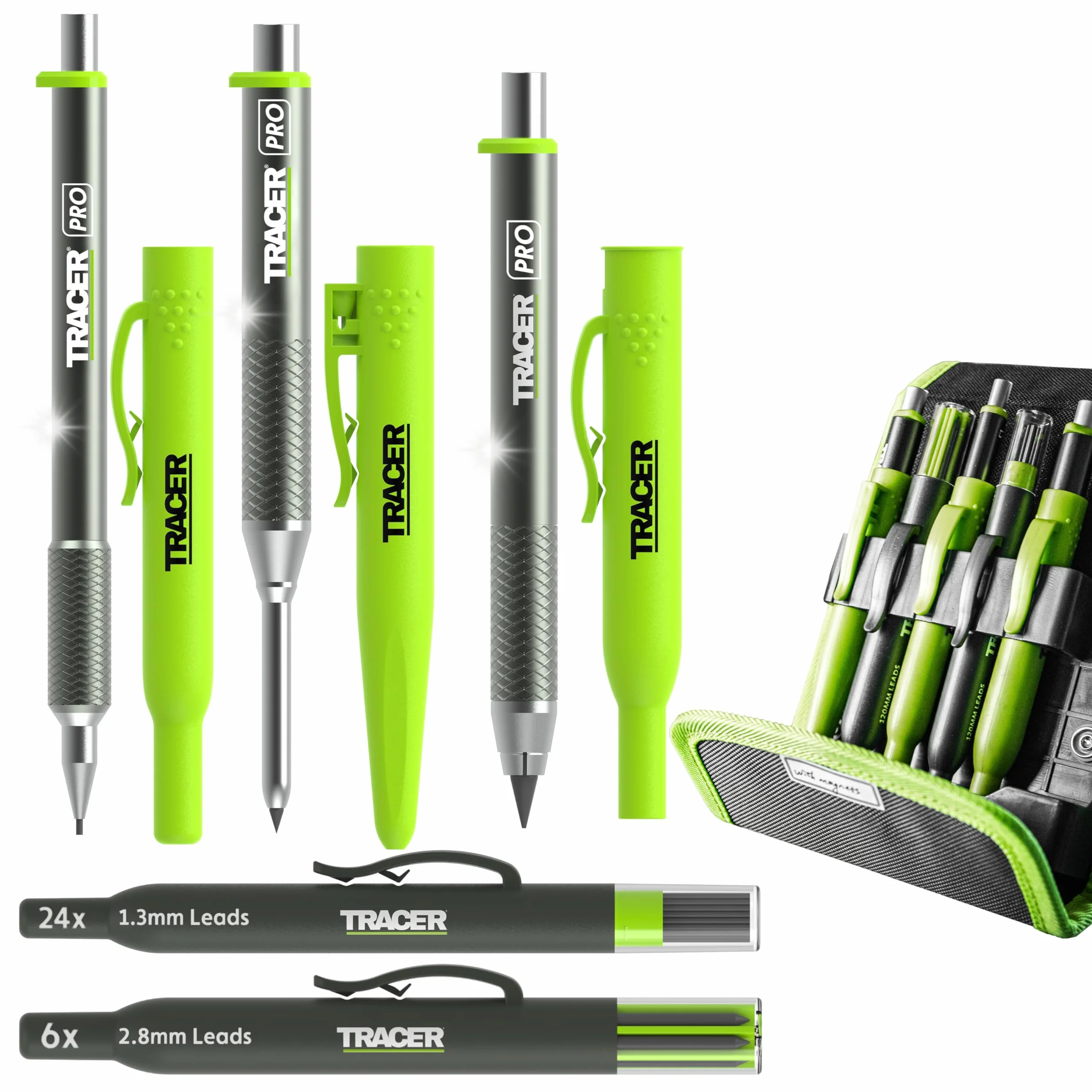 Tracer Seria Pro - 5-częściowy zestaw markerów budowlanych z etui do przechowywania, ołówek stolarski, 2 x długie markery stalówki, marker bez zatykania i zapasowy dozownik przewodów