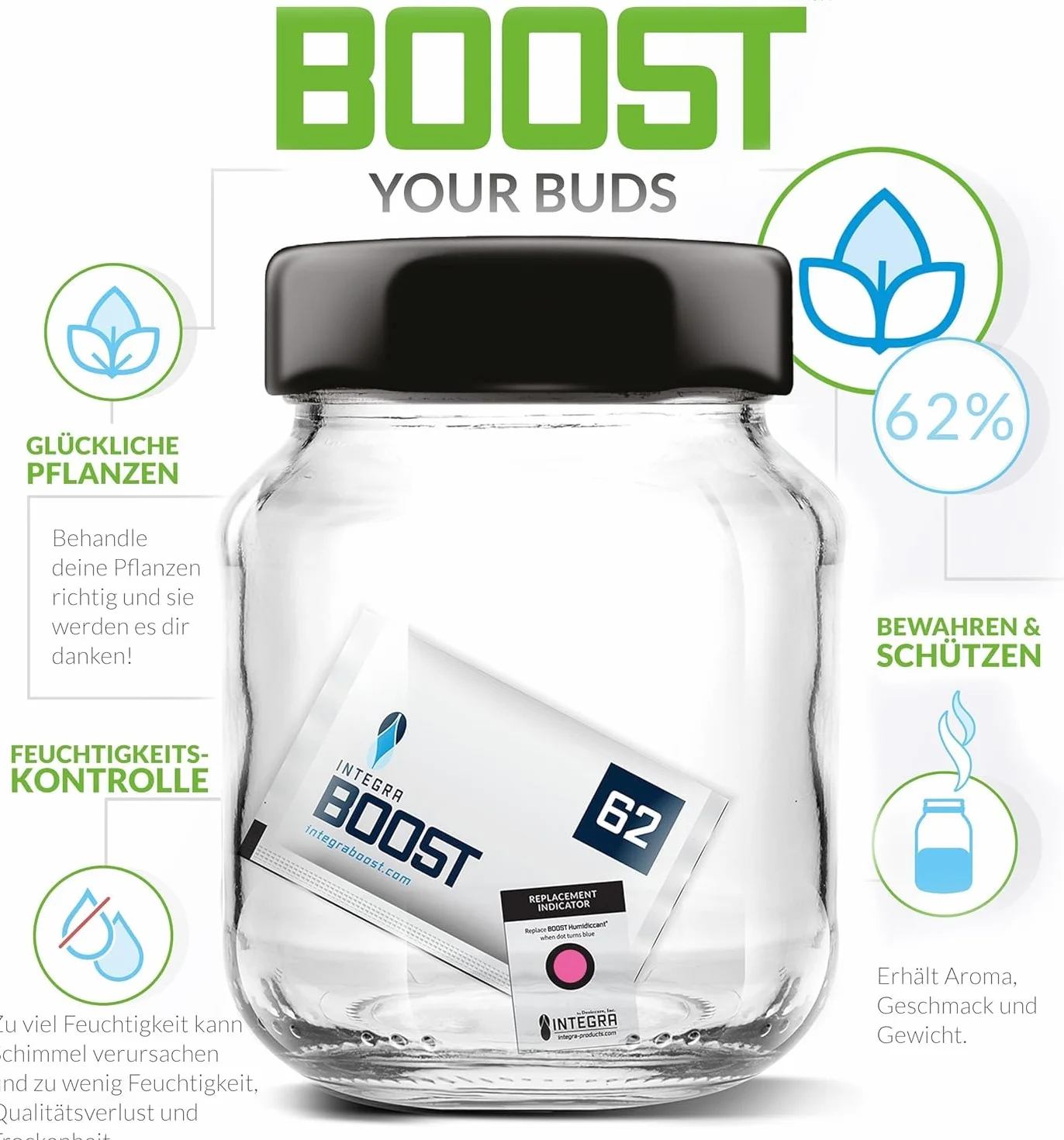 10 x 4 g Integra Boost Humidity Pack 62% (4 g), regulator wilgotności, 2-drożny nawilżacz powietrza ze wskaźnikiem, opakowanie nawilżające do świeżych ziół, na bazie roślin