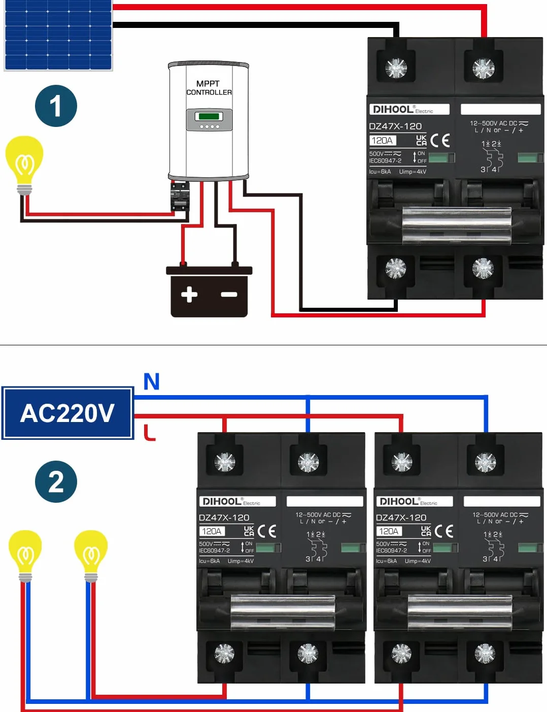 DIHOOL Wyłącznik DC 12V 24V Solar PV Bezpiecznik fotowoltaiczny automatyczny (DC500V,2 Pole 125A)
