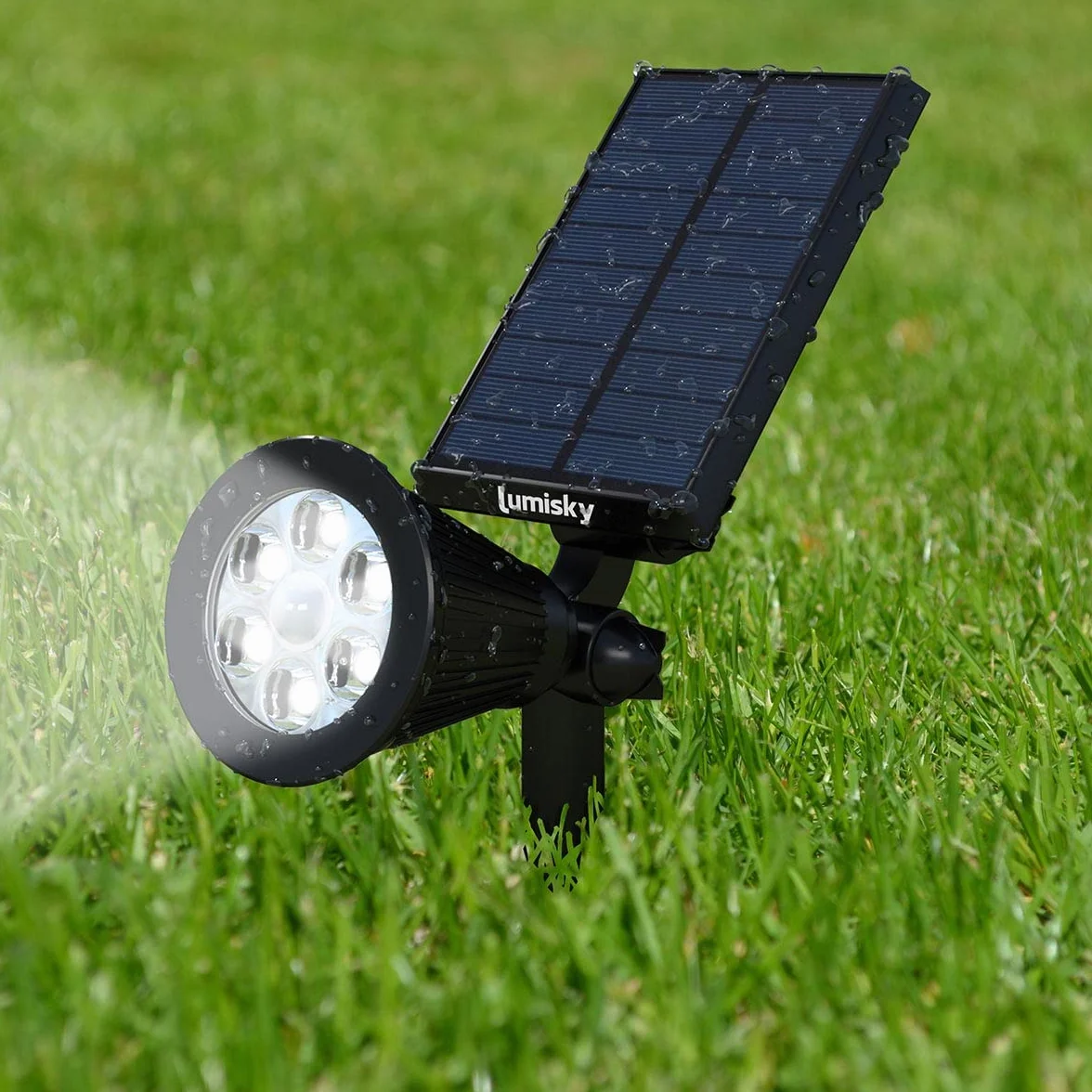 Lumisky Zestaw 4 reflektorów solarnych 2 w 1, do zszywania lub mocowania, mocne ściemnialne oświetlenie LED, białe SPIKY H42 cm