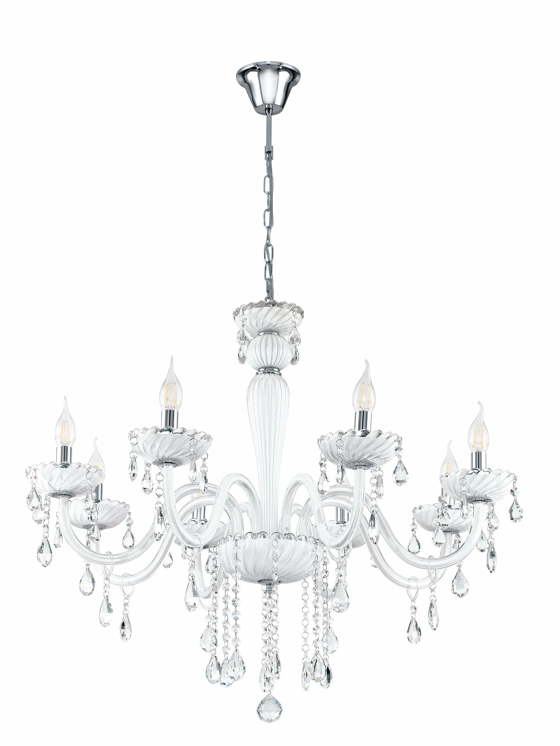 EGLO Lampa wisząca Carpento, 8-płomienny żyrandol w stylu vintage | shabby chic, lampa sufitowa ze stali i szkła w chromie i bieli, lampa nad stół jadalniany, lampa do salonu z oprawą E14