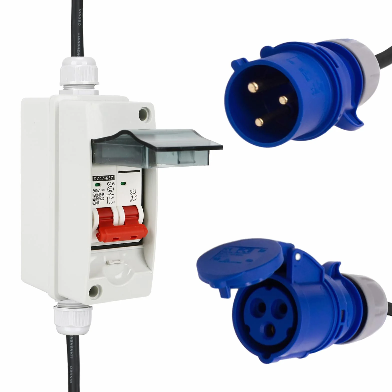 CEE Adapter 32 A na 16 A, 3P z falownikiem fazowym, CEE, adapter prądu silnego 32 A, wtyczka do złącza 16 A, z wyłącznikiem nadmiarowym, przedłużony kabel (niebieski)