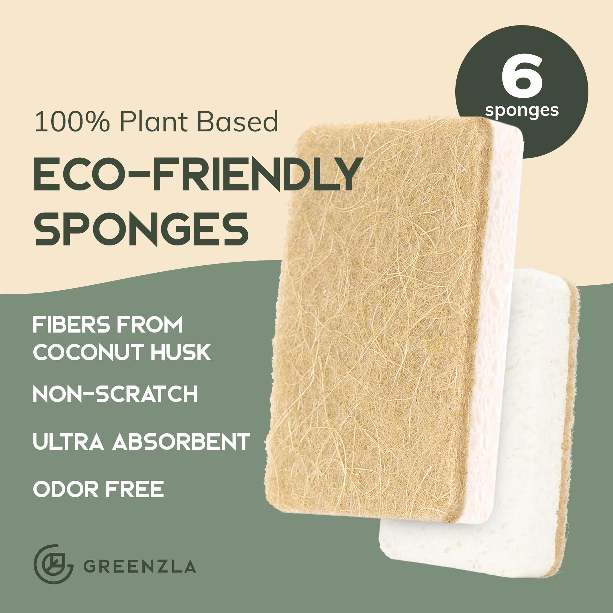 Greenzla Naturalne gąbki kuchenne, 6 sztuk, biodegradowalna gąbka sizalowa do naczyń z konopi, ekologiczna, bez zapachu, odporna na zarysowania podkładka do szorowania na blaty kuchenne, wanny, płytki