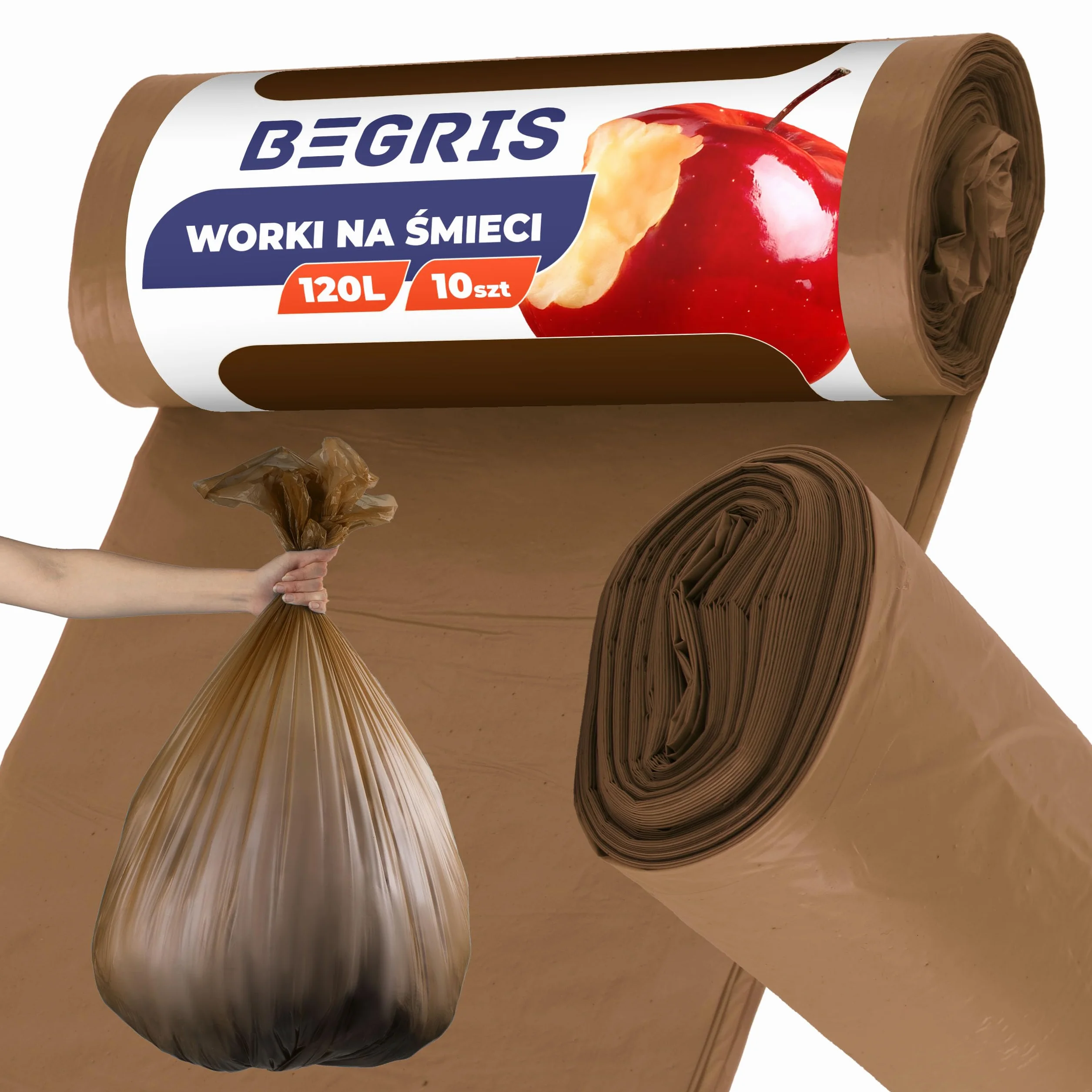 Worki na Śmieci mocne 120l Rolka 10 szt wytrzymałe na Odpady segregacyjne Materiał Ldpe w Rulonie do Pracy, Domu, Garażu Torby neutralizujące zapach brązowe