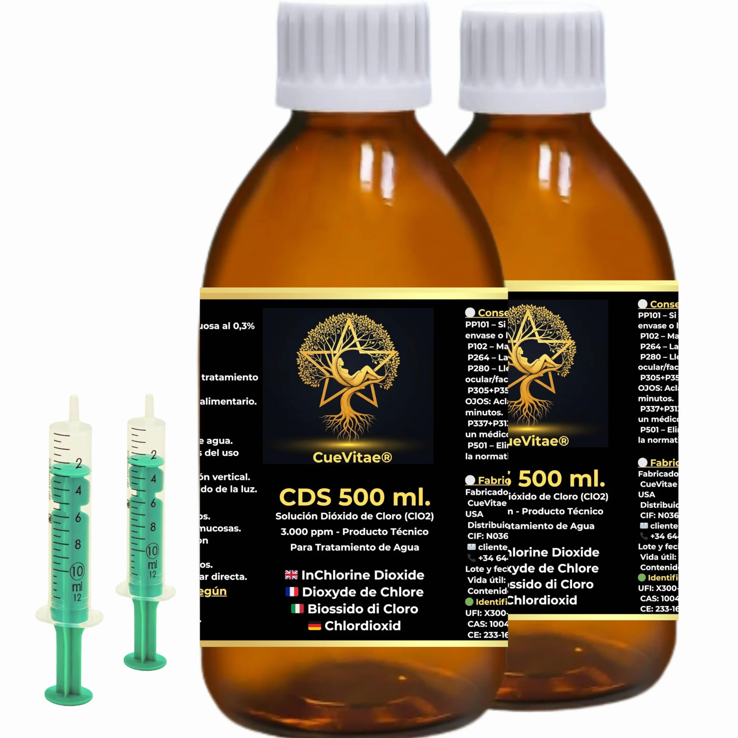 CDS 500 ml x 2 (dwutlenek chloru 3000 ppm / 0,3%) – bursztynowy szklany pojemnik ze strzykawką dozującą – ekskluzywne rozwiązanie do uzdatniania wody