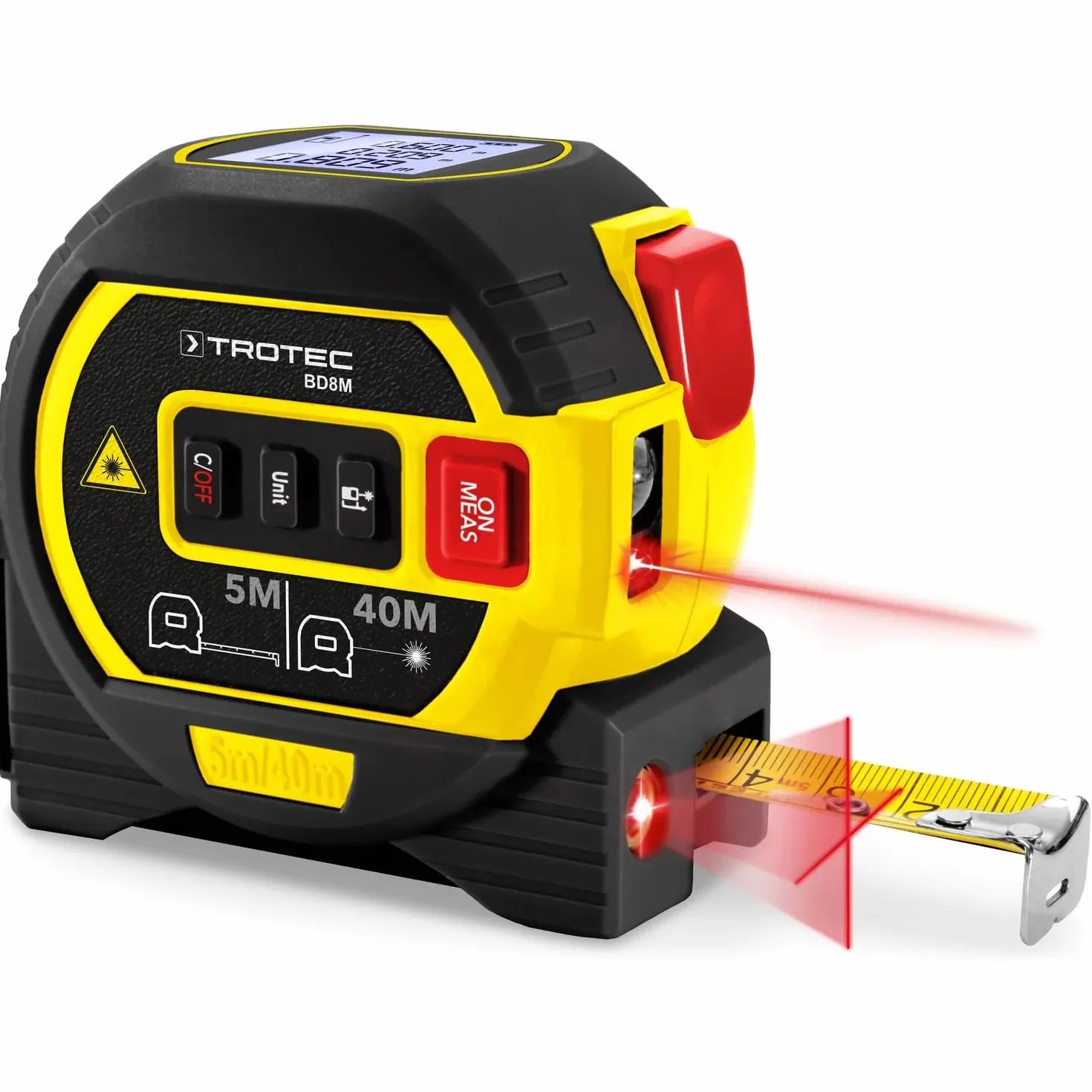 TROTEC Laserowy miernik odległości BD8M – Cyfrowy miernik odległości – zasięg do 40 m, w zestawie laser krzyżowy, taśma miernicza, pamięć 20 wartości pomiarowych