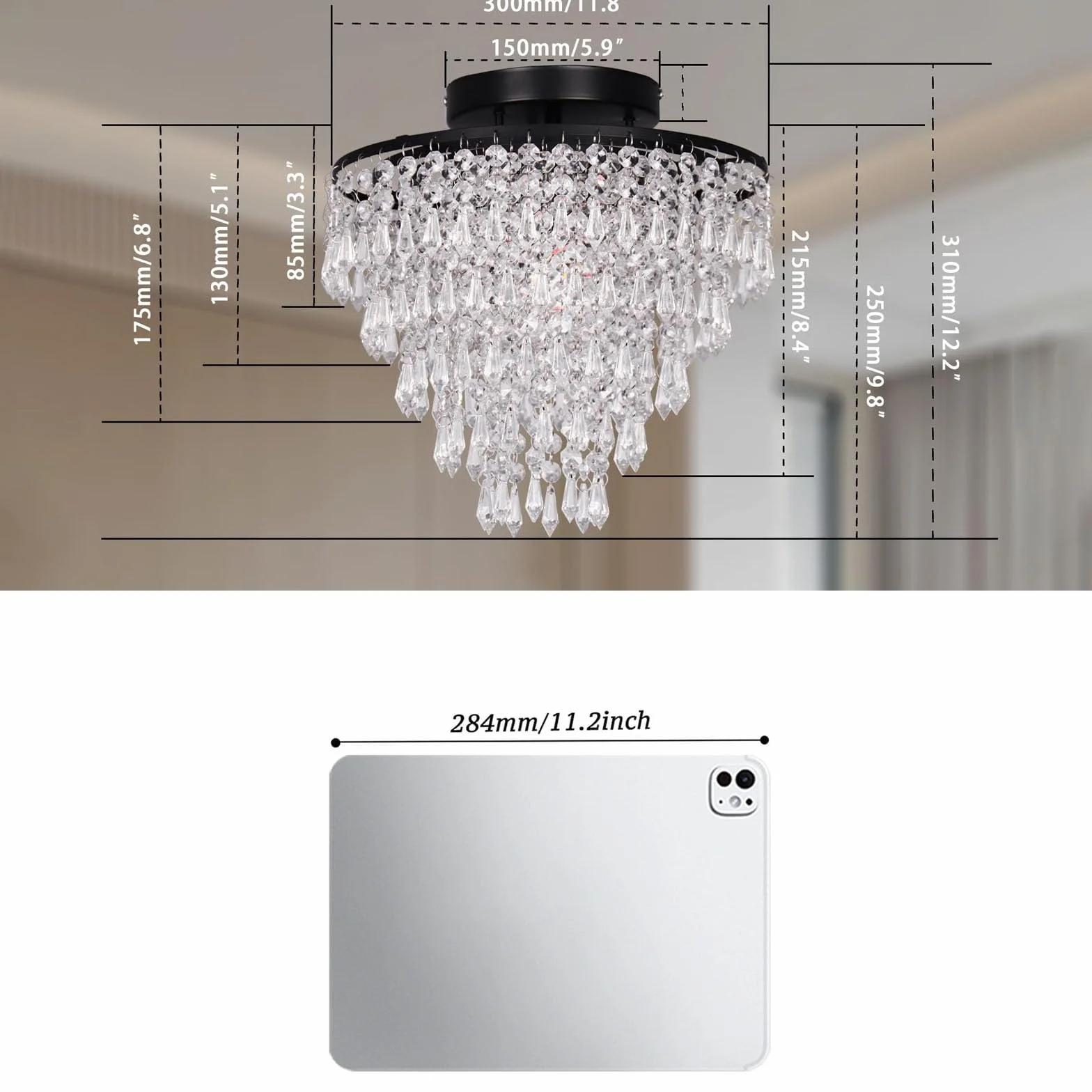 FRIXCHUR 29.97 cm Mały kryształowy żyrandol Mini kryształowe sufitowe światło 5 poziomów Krople deszczu Czarne żyrandole do sypialni, korytarza, szafy, podstawa E26
