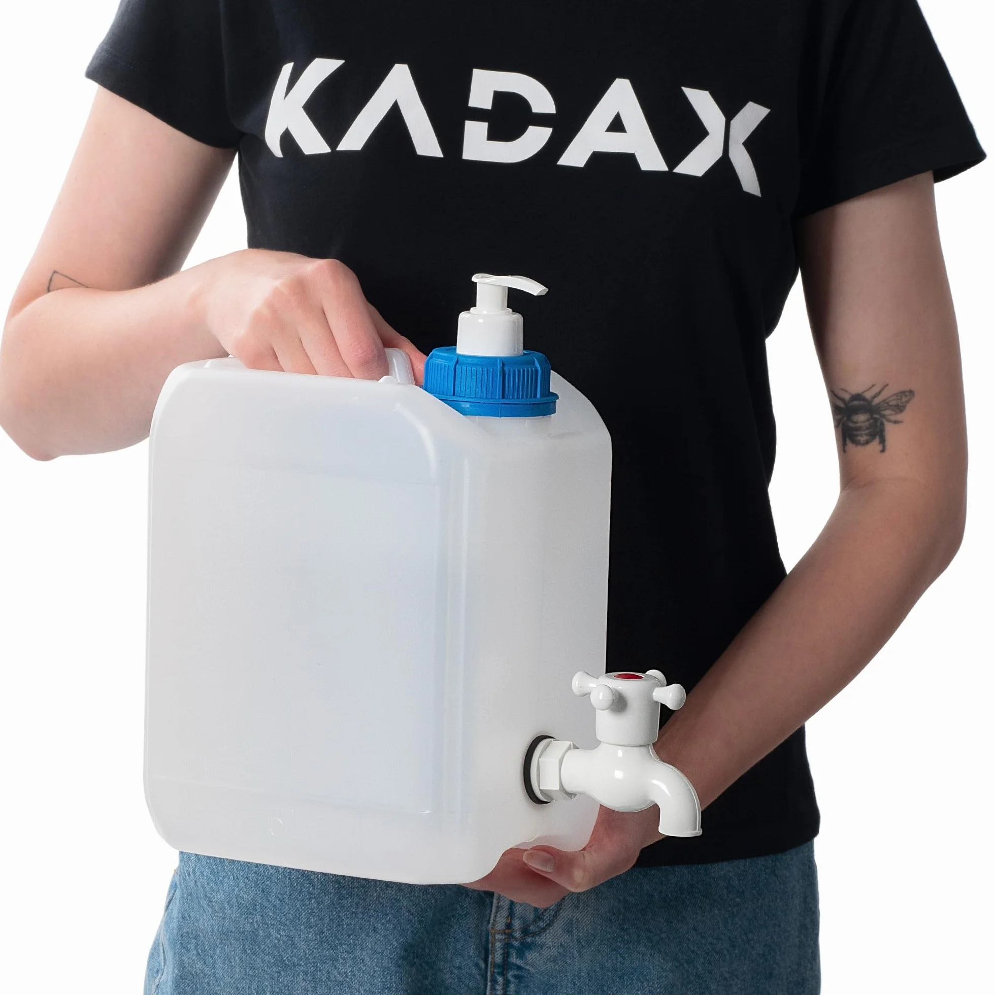 KADAX Kanister na wodę z kranem spustowym, pojemnik na wodę z wylewką, kanister z wbudowanym kranikiem i dozownikiem mydła, kanister podróżny na kemping
