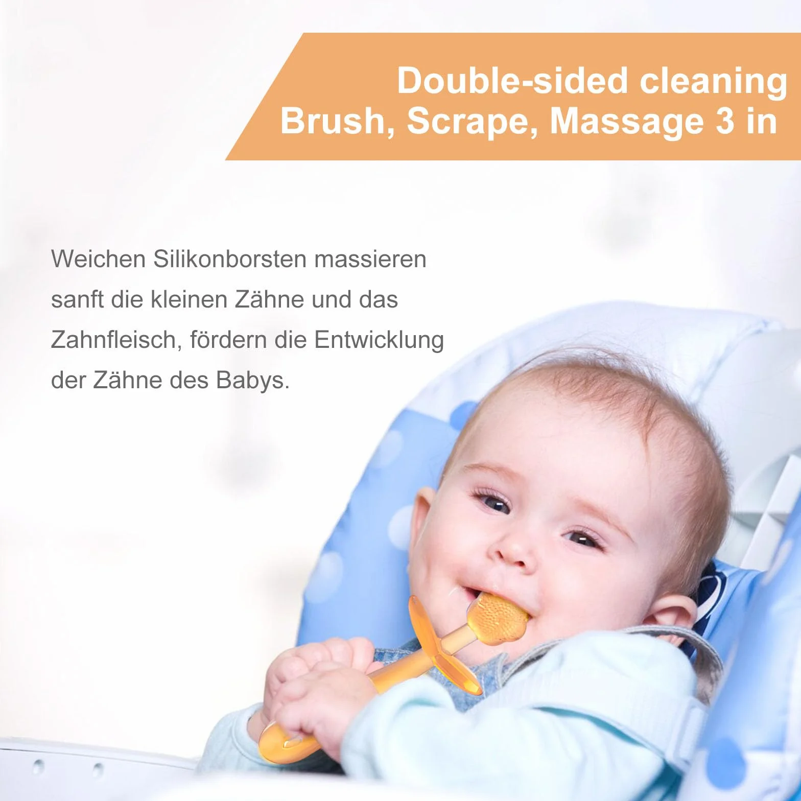 Silikonowa szczoteczka do zębów dla niemowląt, zestaw 3 sztuk, 0-18 miesięcy, szczoteczka do zębów, szczoteczka do języka, szyna do gryzienia, nie zawiera BPA (pomarańczowa)