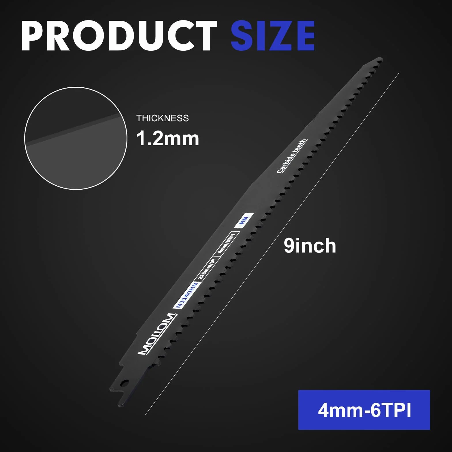 MOLLOM Ostrze piły szablastej z węglikiem M1140HM, wytrzymałe do cięcia drewna z gwoździami oraz metalu, 9 cali, 4mm-6TPI, grubość 1,2 mm, opakowanie 3 sztuki